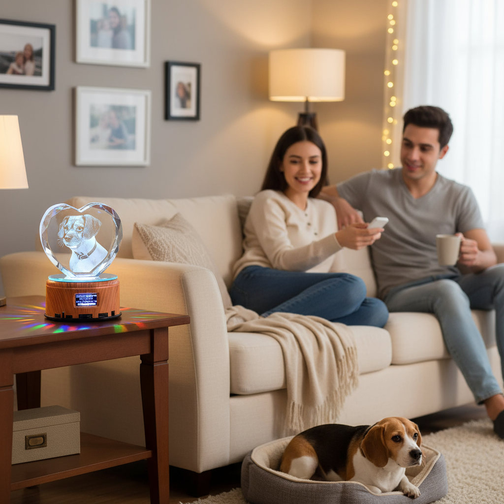 PET-DIY Custom 3D Crystal Music Lamp — Heart Photo Engraving, Bluetooth, LED Rotation