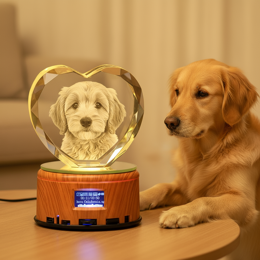 PET-DIY Custom 3D Crystal Music Lamp — Heart Photo Engraving, Bluetooth, LED Rotation
