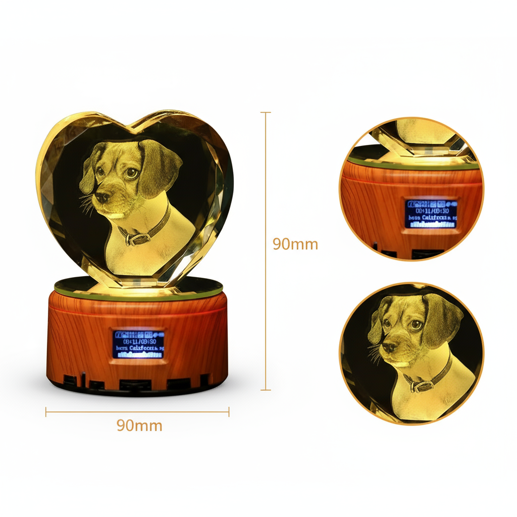 PET-DIY Custom 3D Crystal Music Lamp — Heart Photo Engraving, Bluetooth, LED Rotation