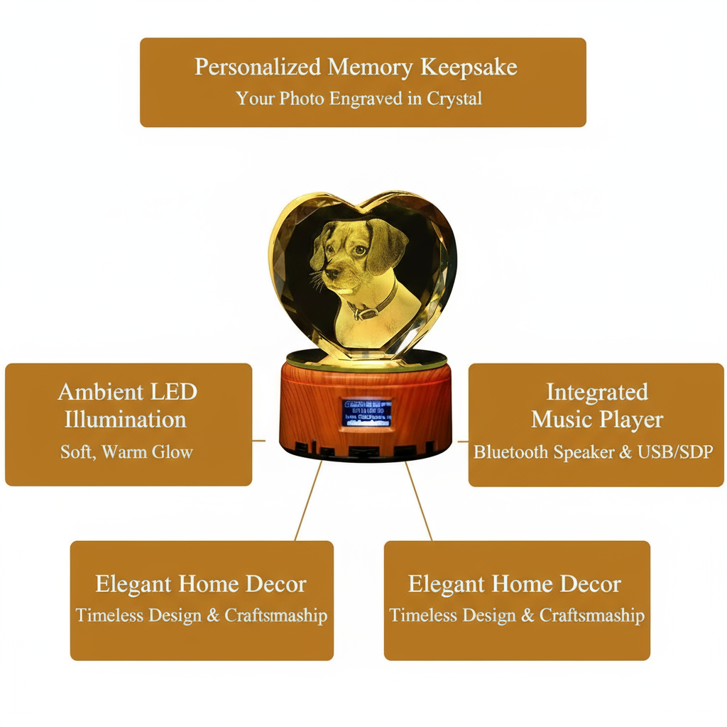 PET-DIY Custom 3D Crystal Music Lamp — Heart Photo Engraving, Bluetooth, LED Rotation