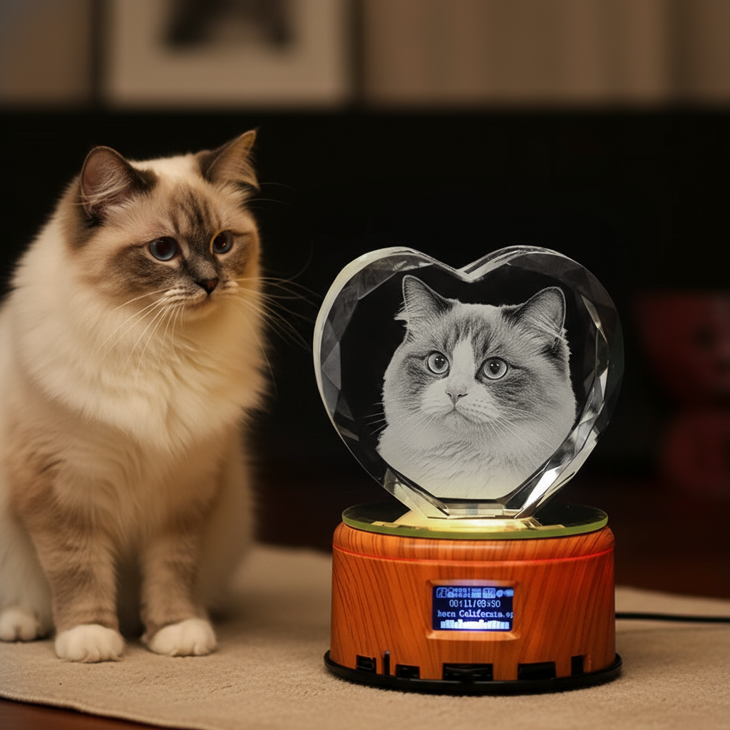 PET-DIY Custom 3D Crystal Music Lamp — Heart Photo Engraving, Bluetooth, LED Rotation