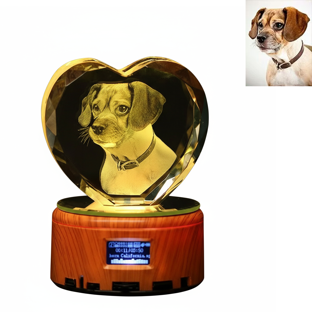 PET-DIY Custom 3D Crystal Music Lamp — Heart Photo Engraving, Bluetooth, LED Rotation