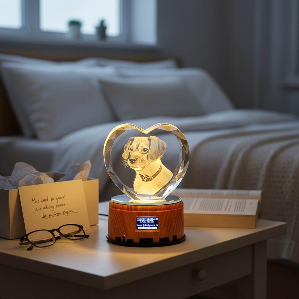 PET-DIY Custom 3D Crystal Music Lamp — Heart Photo Engraving, Bluetooth, LED Rotation