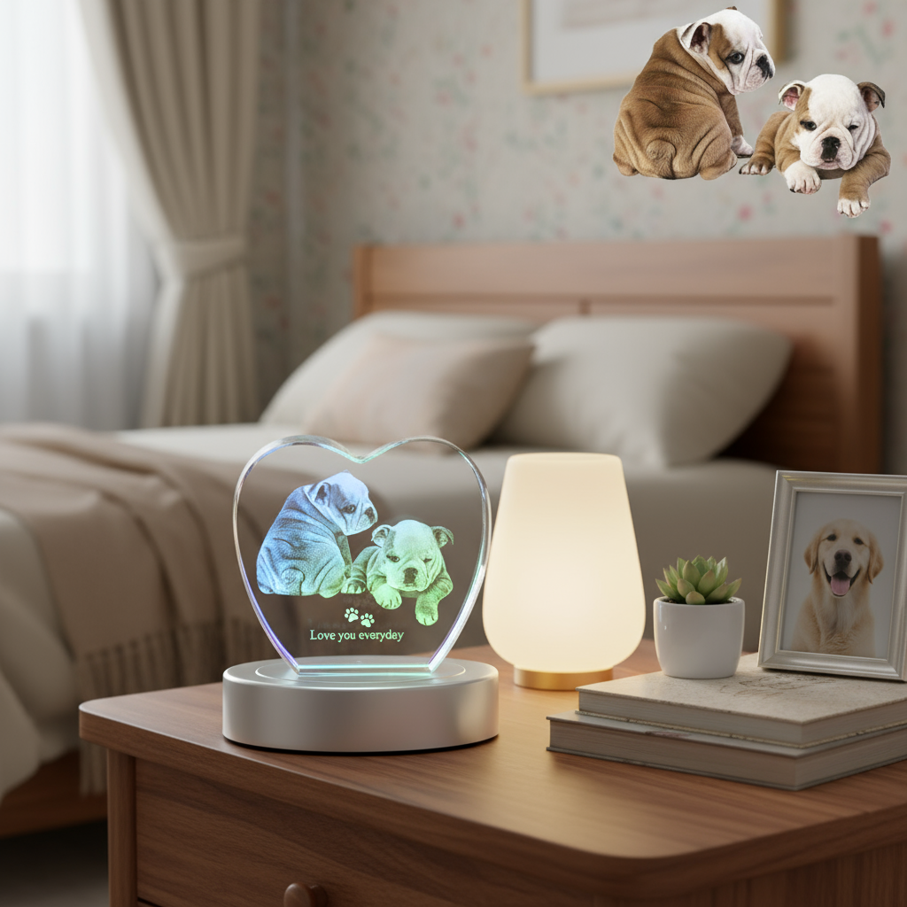 PET-DIY Custom 3D Crystal Music Lamp — Heart Photo Engraving, Bluetooth, LED Rotation