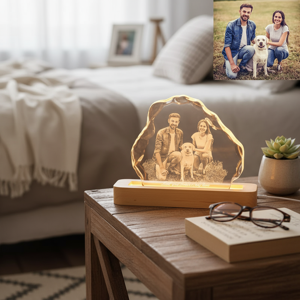 PET-DIY Custom 3D Crystal Music Lamp — Heart Photo Engraving, Bluetooth, LED Rotation