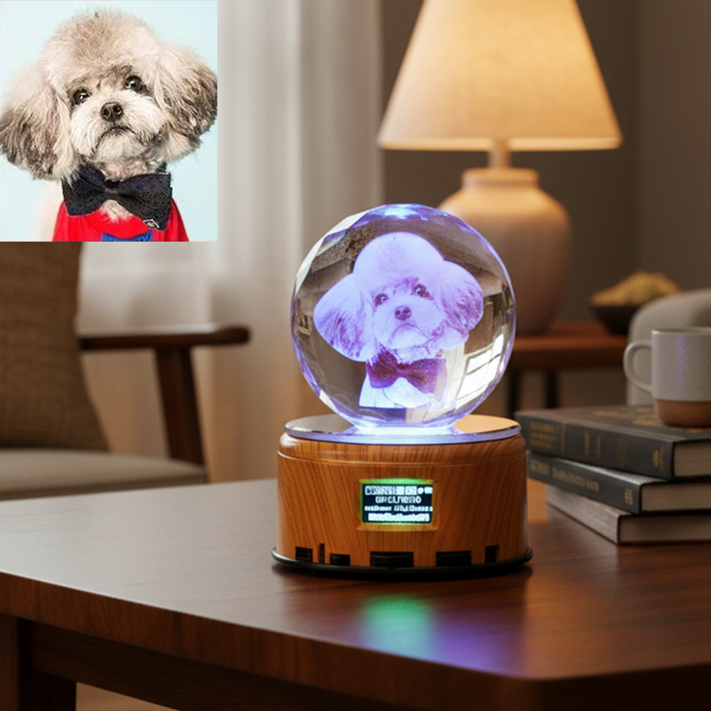PET-DIY Custom 3D Crystal Music Lamp — Heart Photo Engraving, Bluetooth, LED Rotation