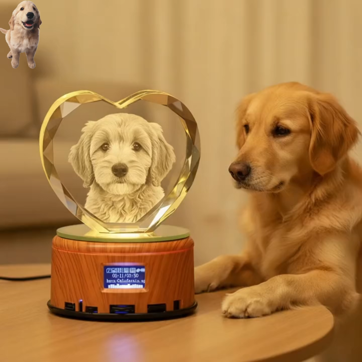 PET-DIY Custom 3D Crystal Music Lamp — Heart Photo Engraving, Bluetooth, LED Rotation