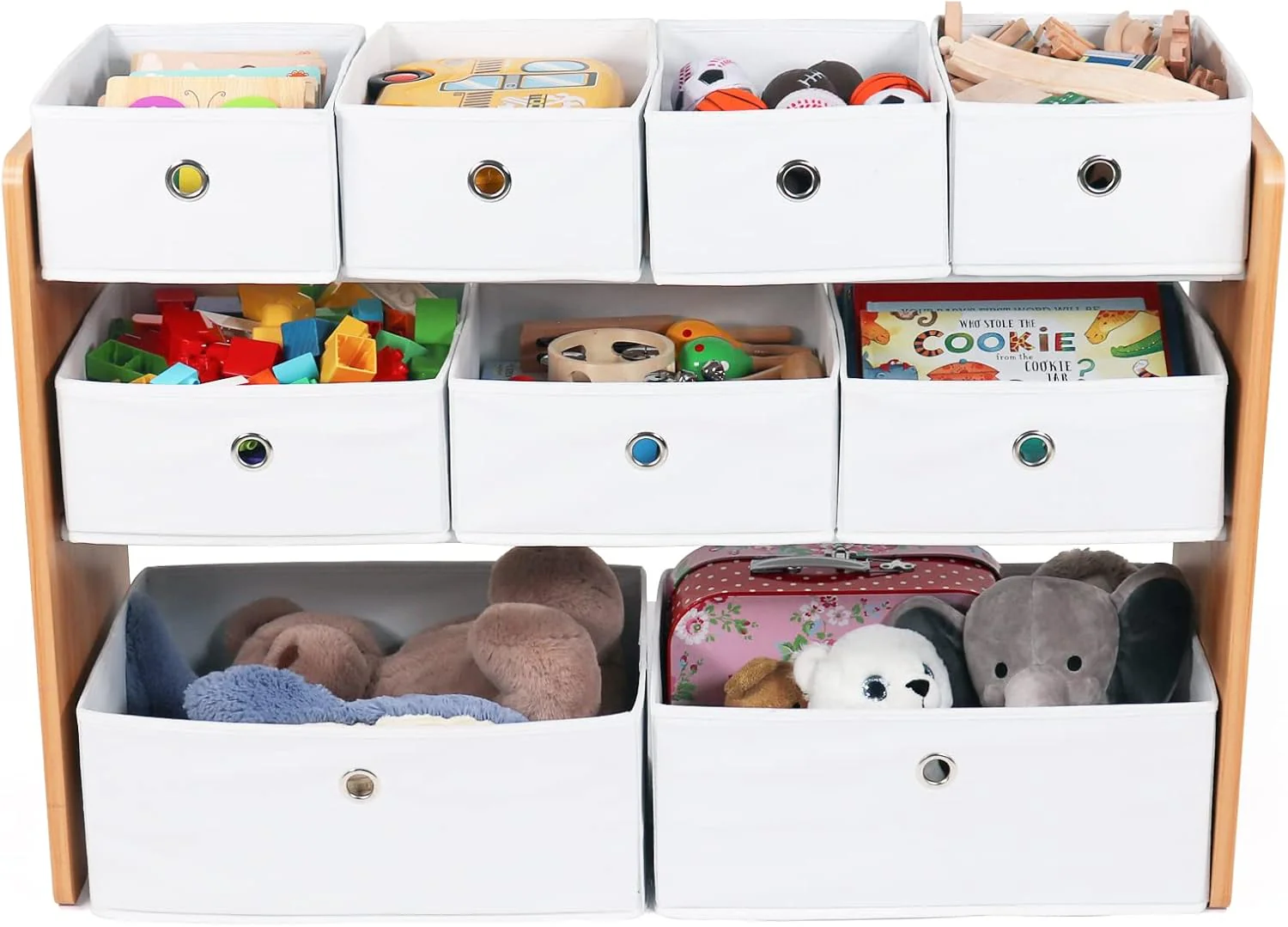 Humble Crew Journey Kids Toy Storage Organizer with 9 Collapsible Fabric Storage Bins, Natural Wood and White