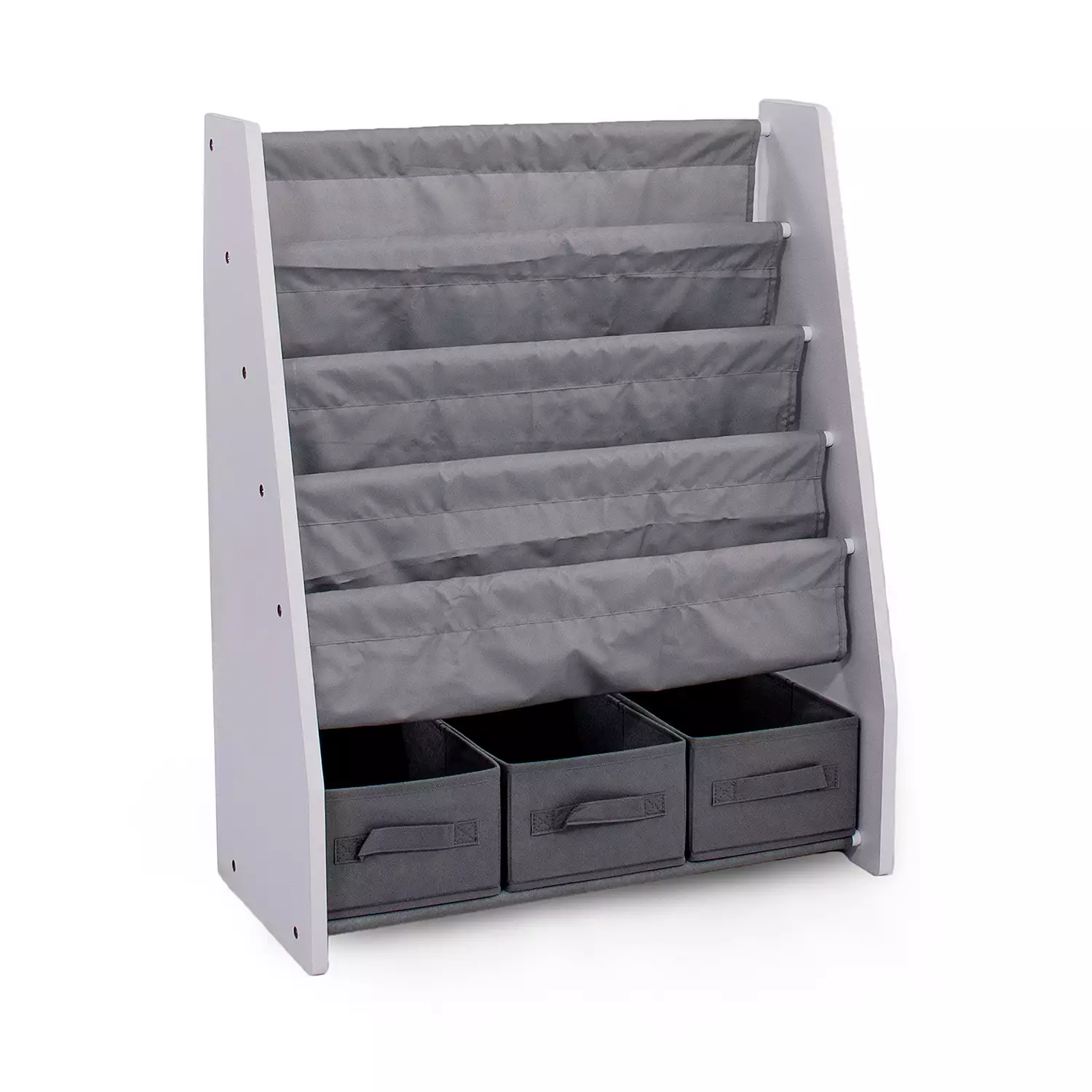 Humble Crew Springfield Kids Bookshelf 4 Tier Book Storage and Fabric Bin Organizer, Grey/White