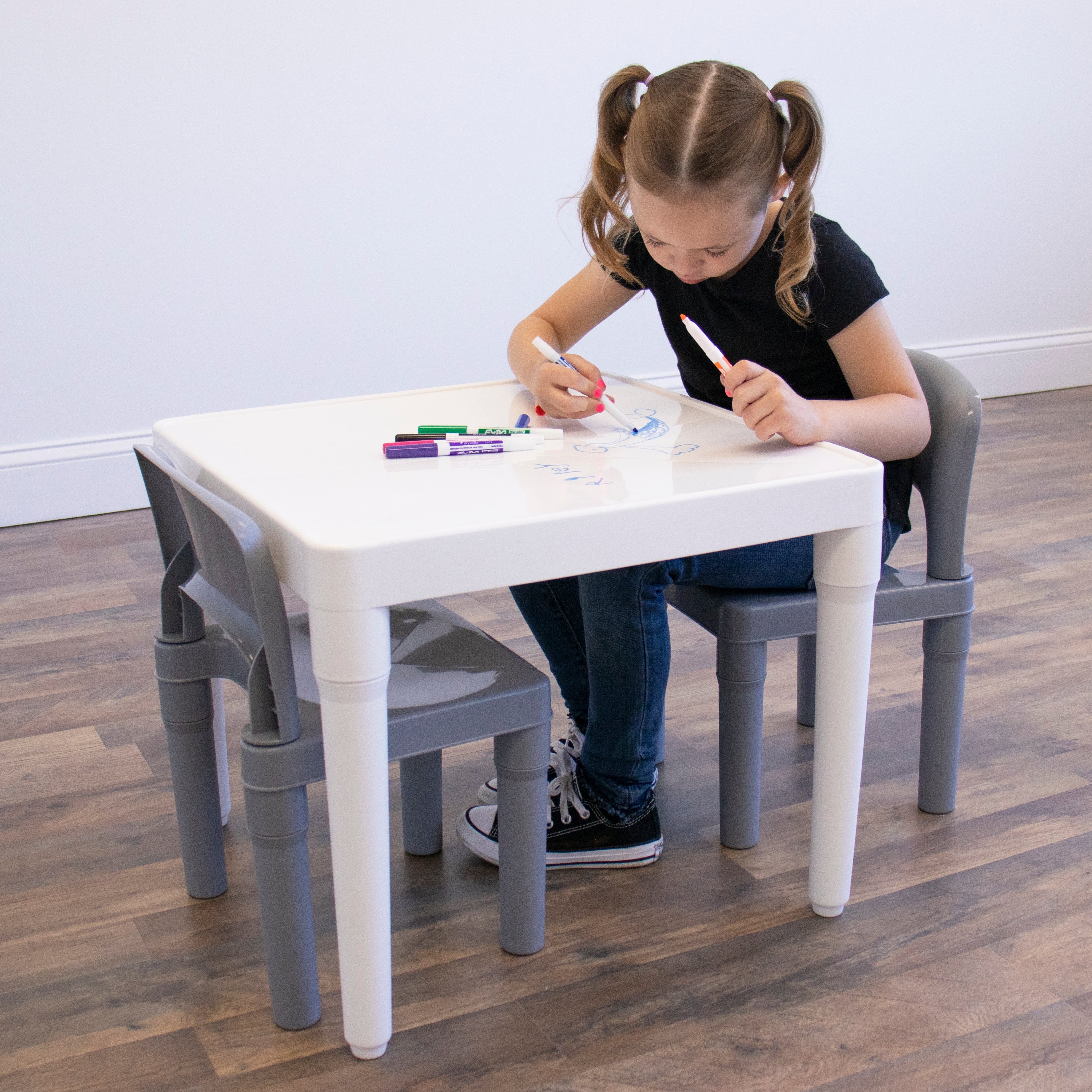 Humble Crew Inspire Toddler Dry Erase Plastic 3pc Table and 2 Chairs Set, Square White Table & Grey Chairs