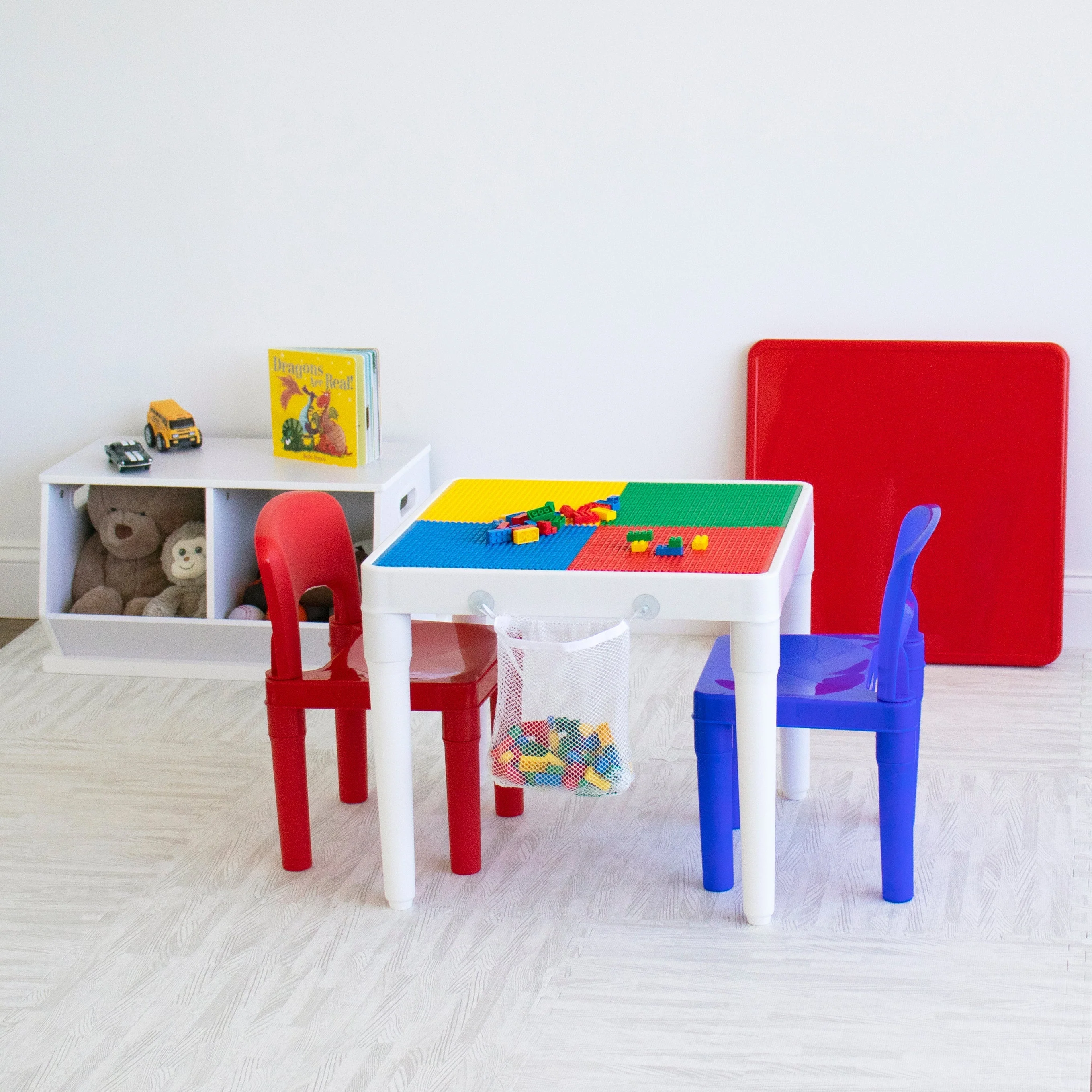 Kids 2-in-1 Plastic Building Blocks-Compatible Activity Table and 2 Chairs Set, Square, White/Blue/Red
