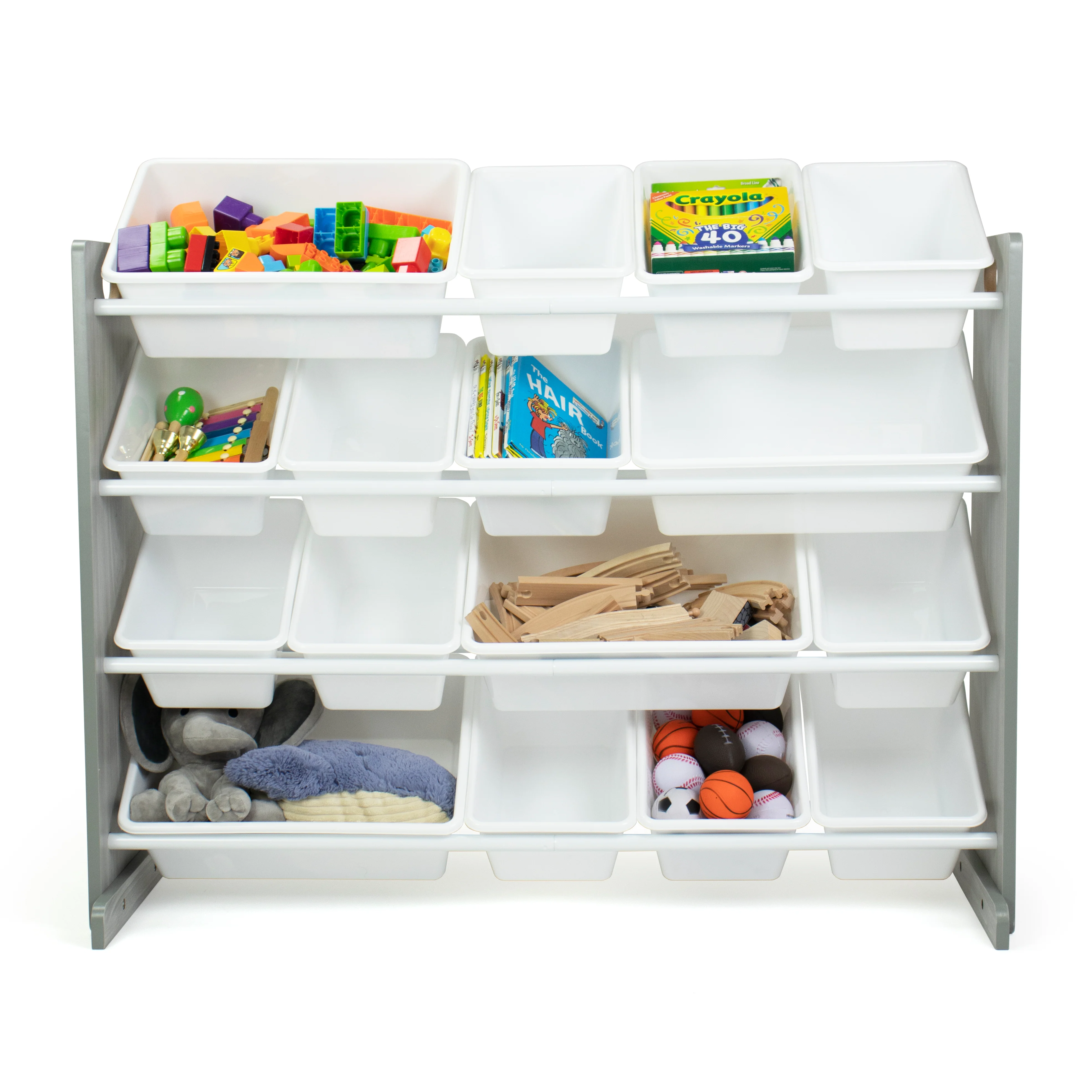Slate Super Sized Toy Storage Organizer with 16 Storage Bins, Grey Wood Grain/White