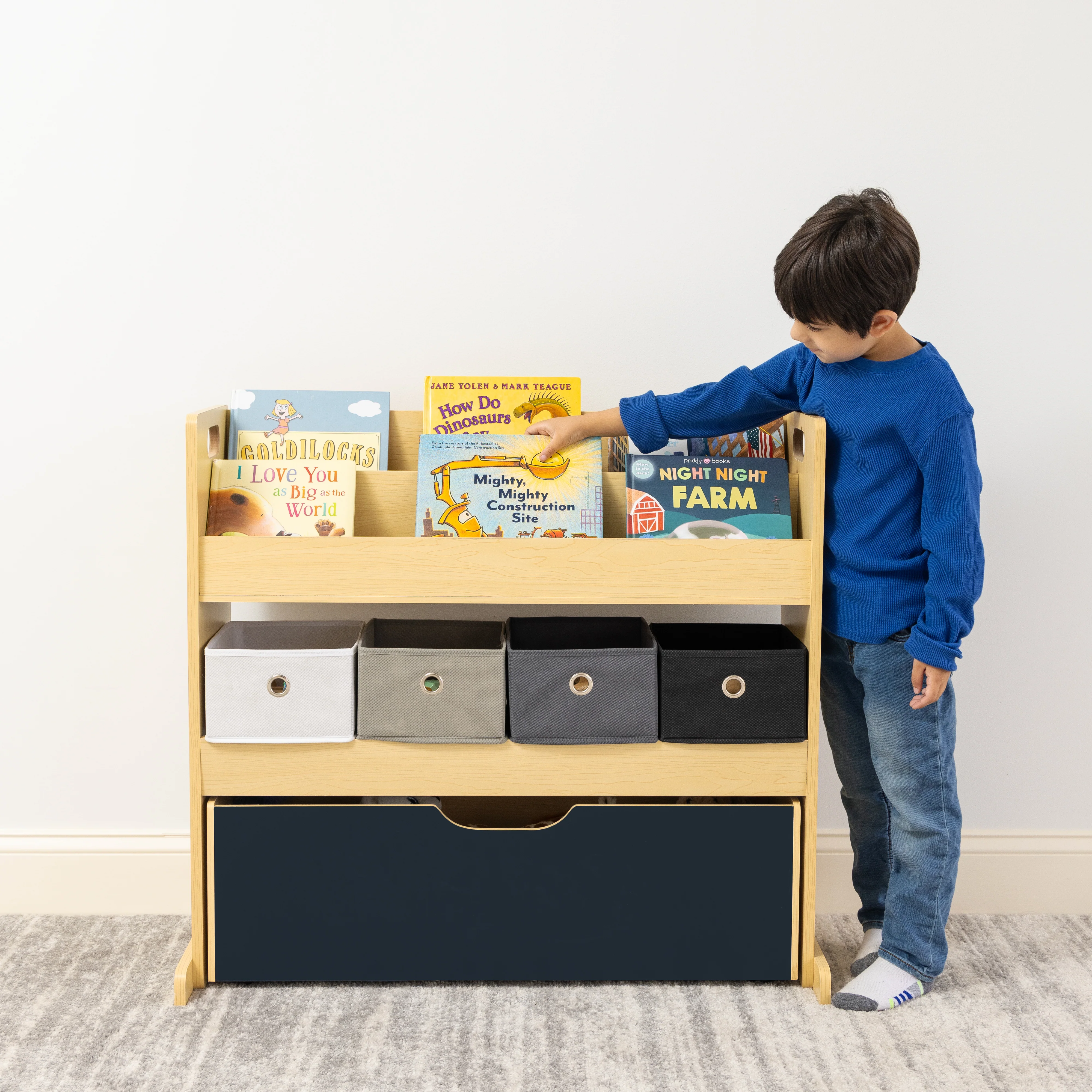 Humble Crew Dalton Toddler 3-in-1 Toddler Sized Storage Organizer with Rolling Chalkboard Toy Box, Fabric Bins, Natural/Black/White/Grey