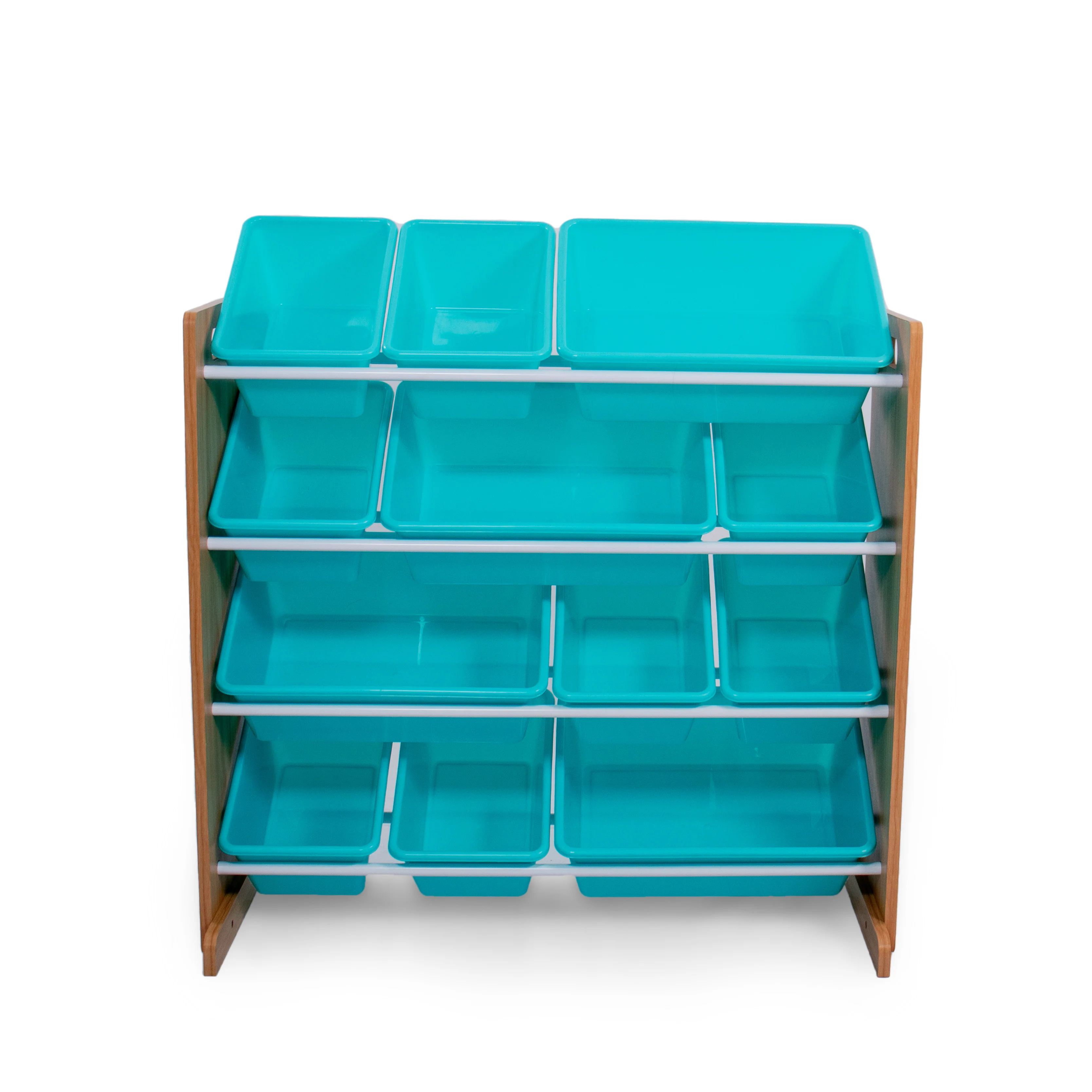 Humble Crew 12 Bin Toy Storage Organizer, Natural Wood/Aqua