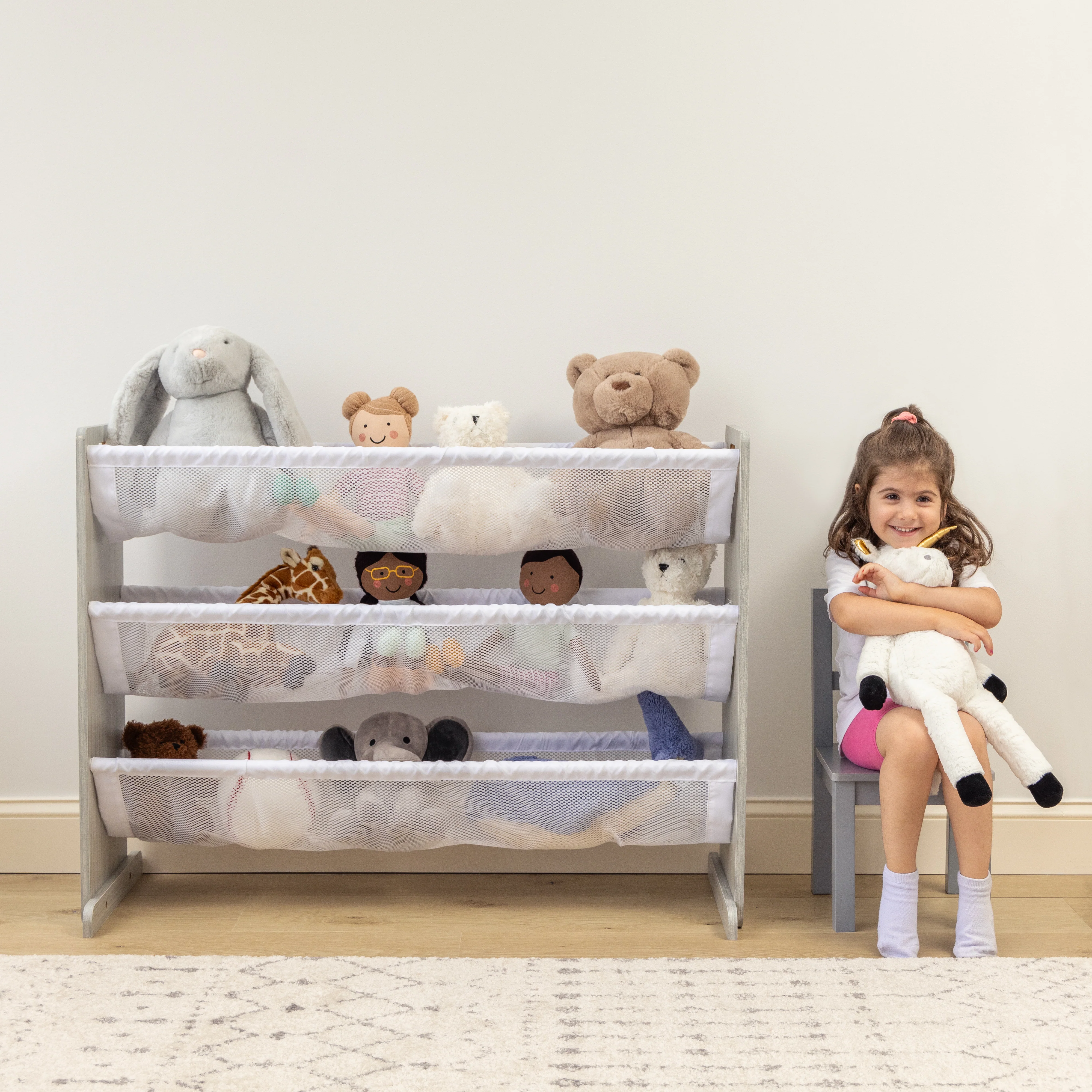 Humble Crew Slate Stuffed Animal Organizer with 3 Tiers, Grey Woodgrain/White