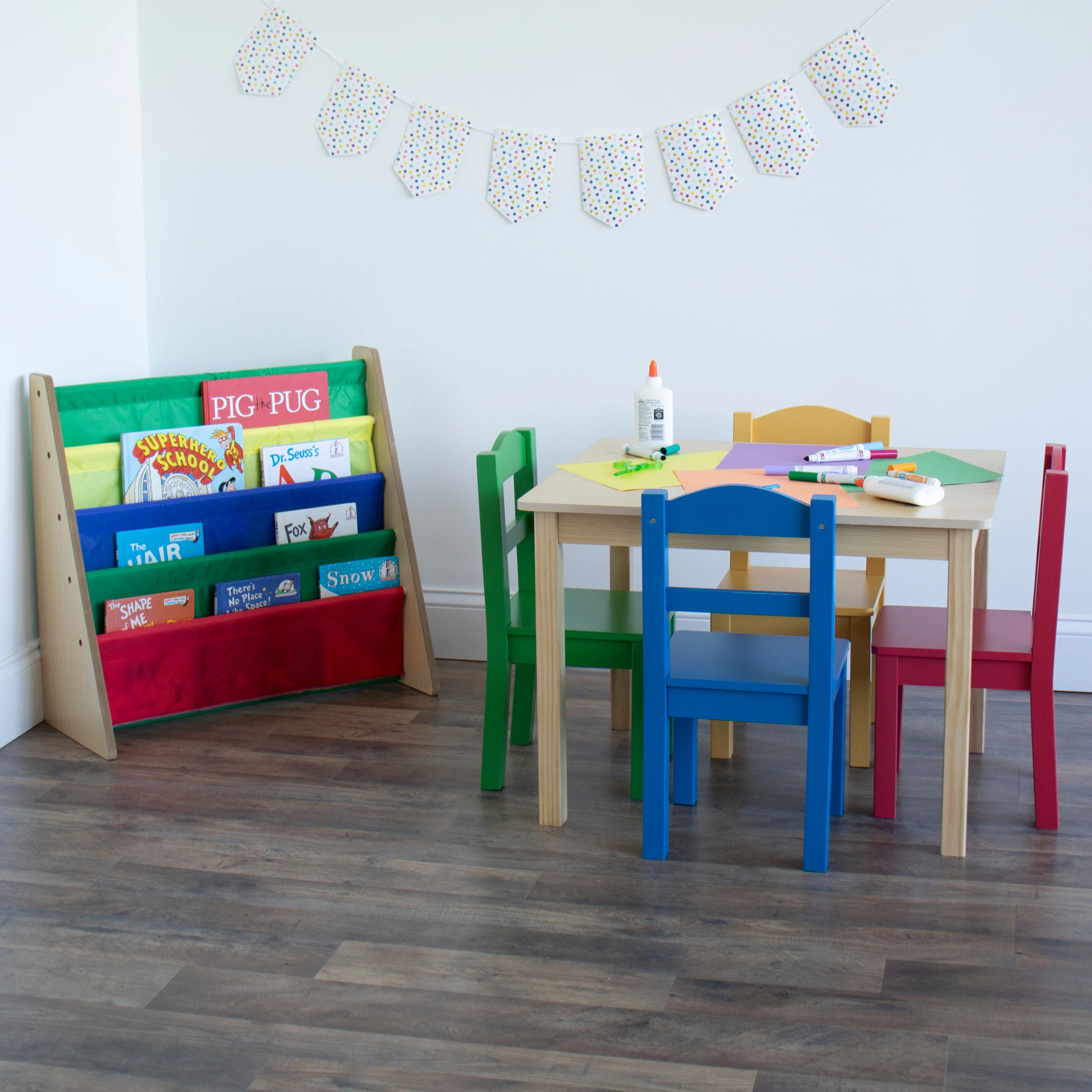 Primary Natural Wood Table & 4 Primary Chairs
