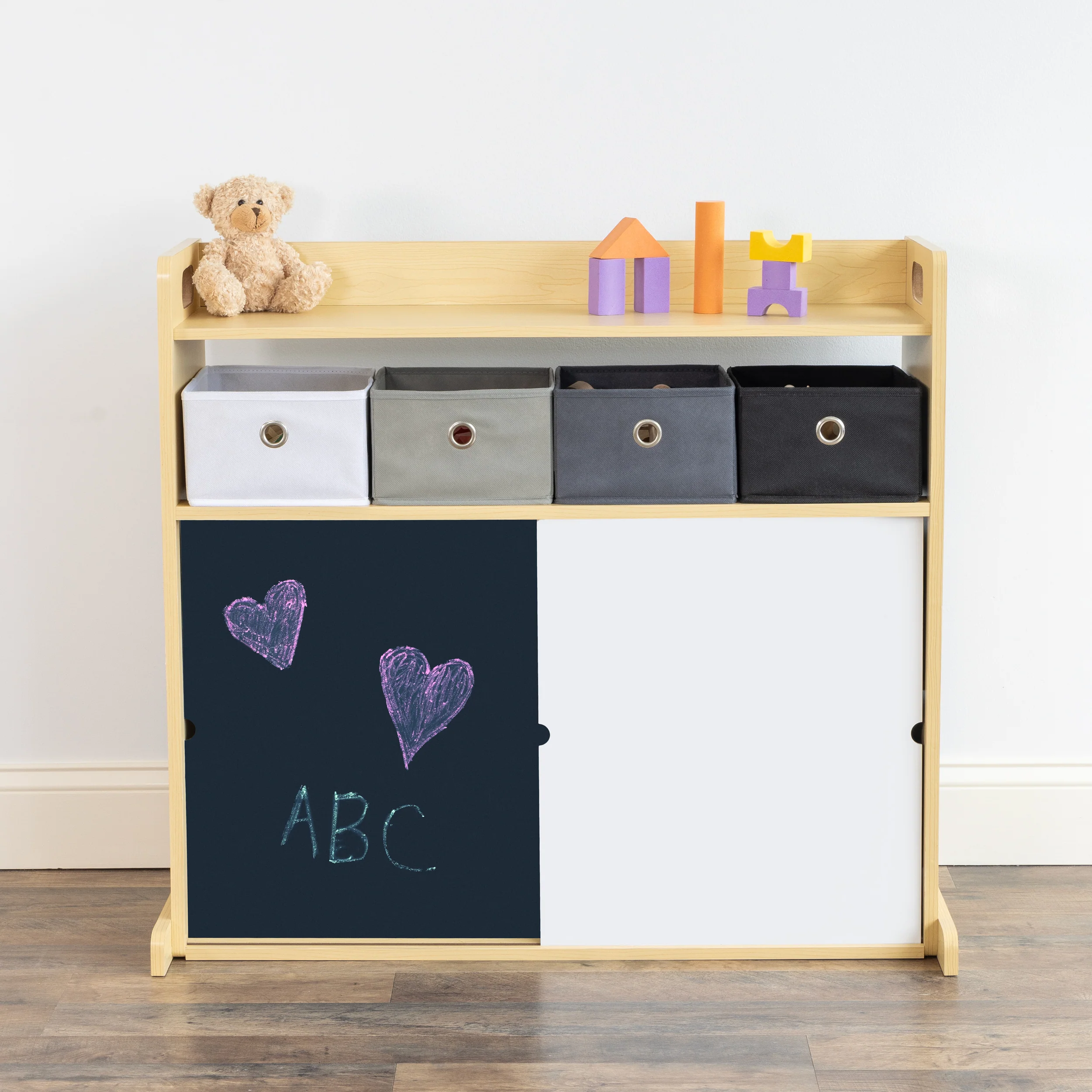 Humble Crew Dalton Toddler Organizer with 12 Fabric Bins & Doodle Doors, Natural/Black/White/Grey