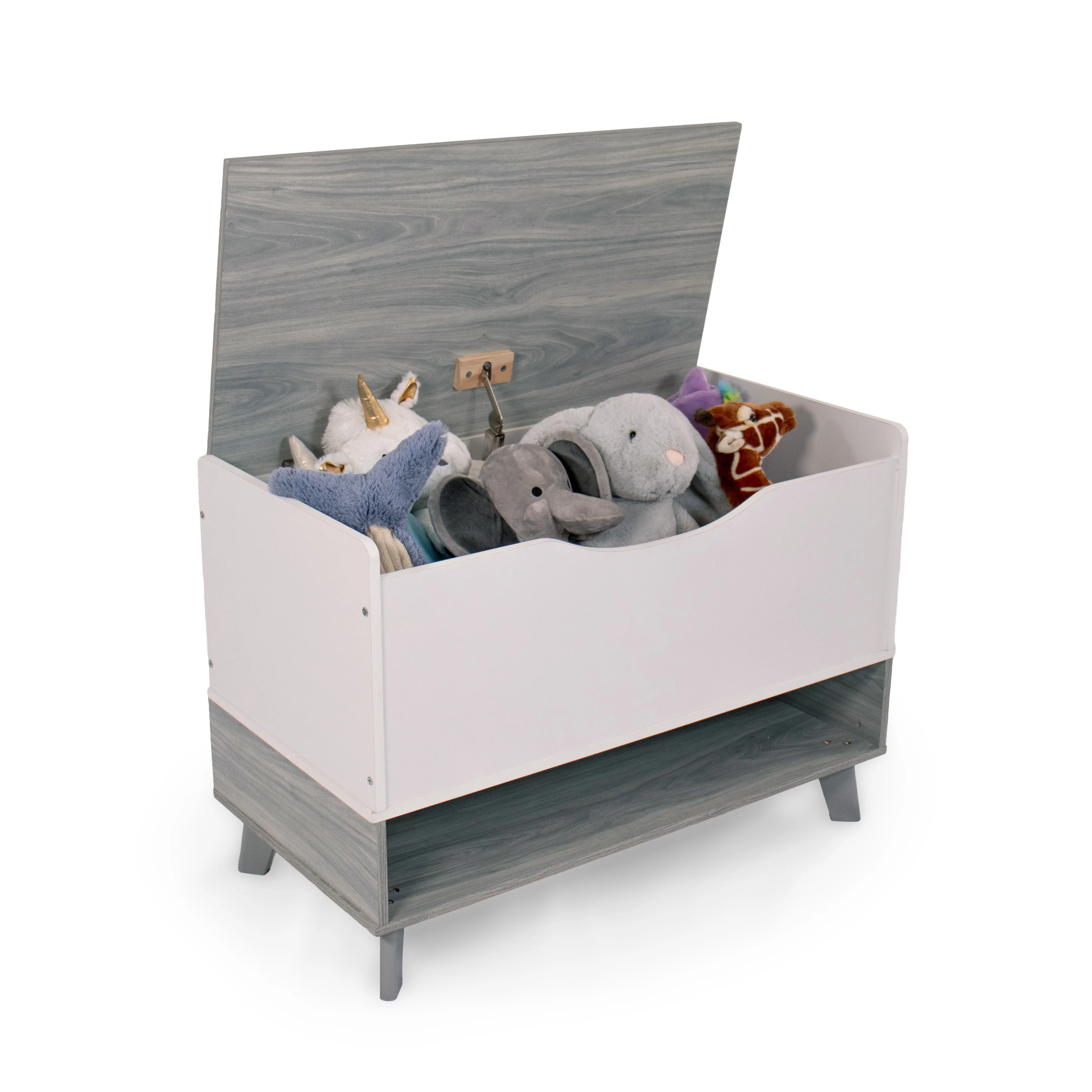 Humble Crew Slate Mid-Century Modern Toy Box with Soft Close Lid and Storage Shelf Toy Chest, Grey Wood Grain/White