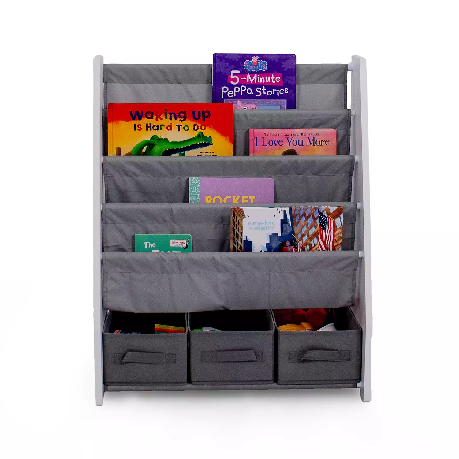 Humble Crew Springfield Kids Bookshelf 4 Tier Book Storage and Fabric Bin Organizer, Grey/White