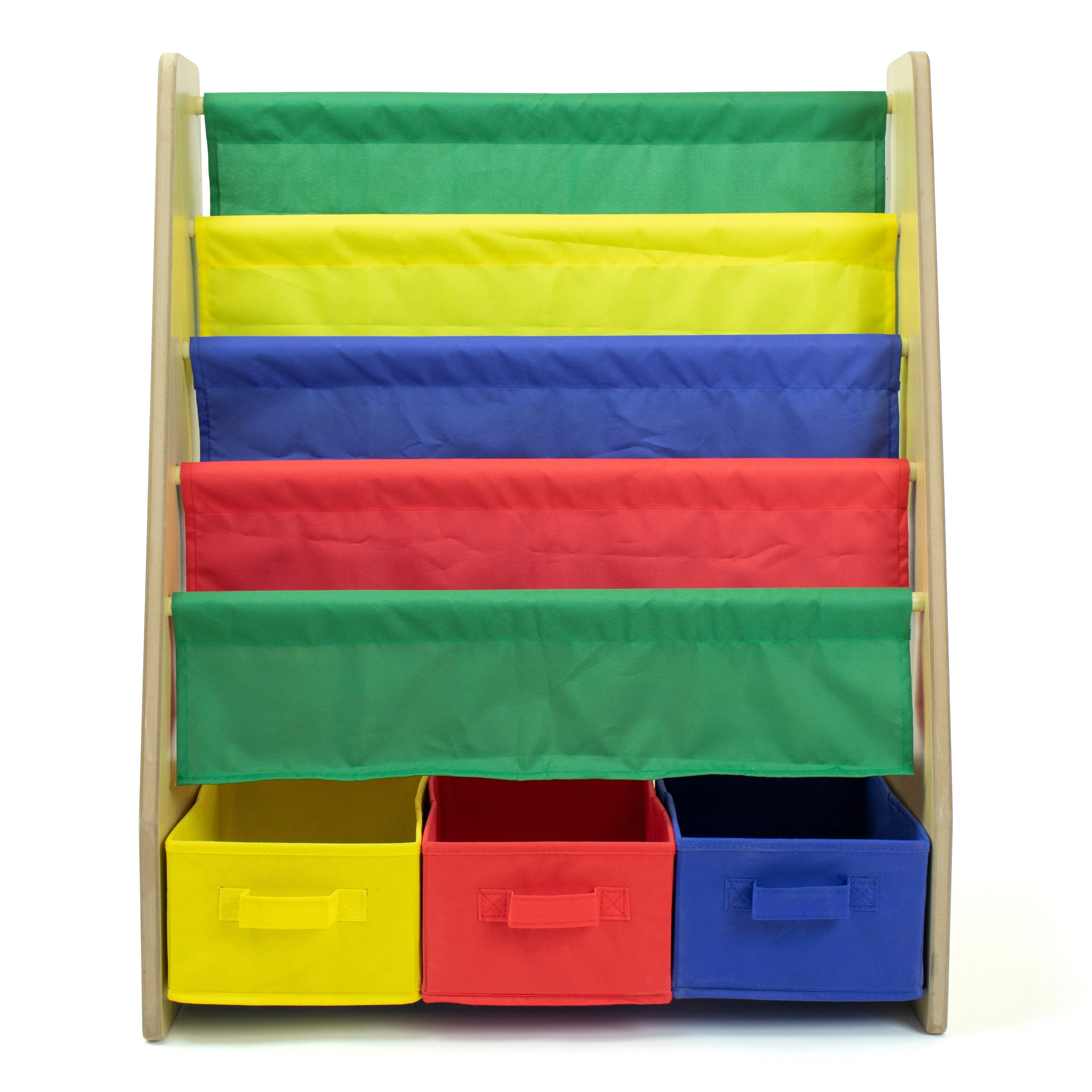 Primary Kids Bookshelf 4 Tier Book Storage and Fabric Bin Organizer