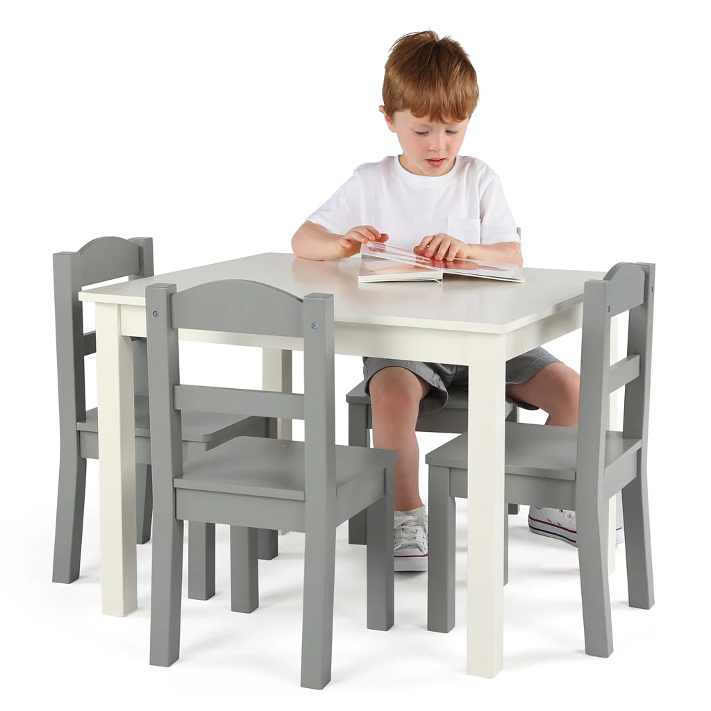 Springfield White Wood Kids Table & 4 Grey Chairs