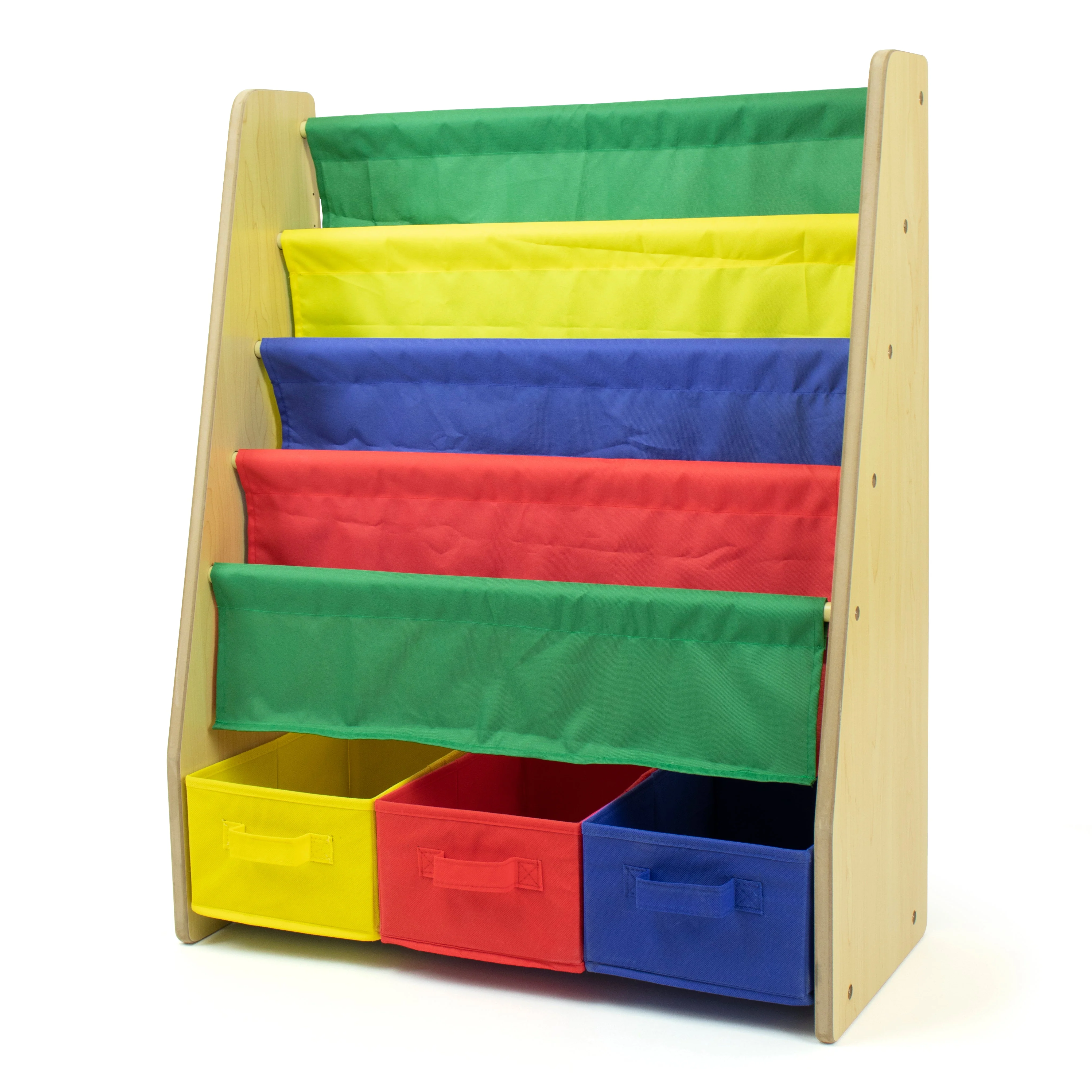 Primary Kids Bookshelf 4 Tier Book Storage and Fabric Bin Organizer