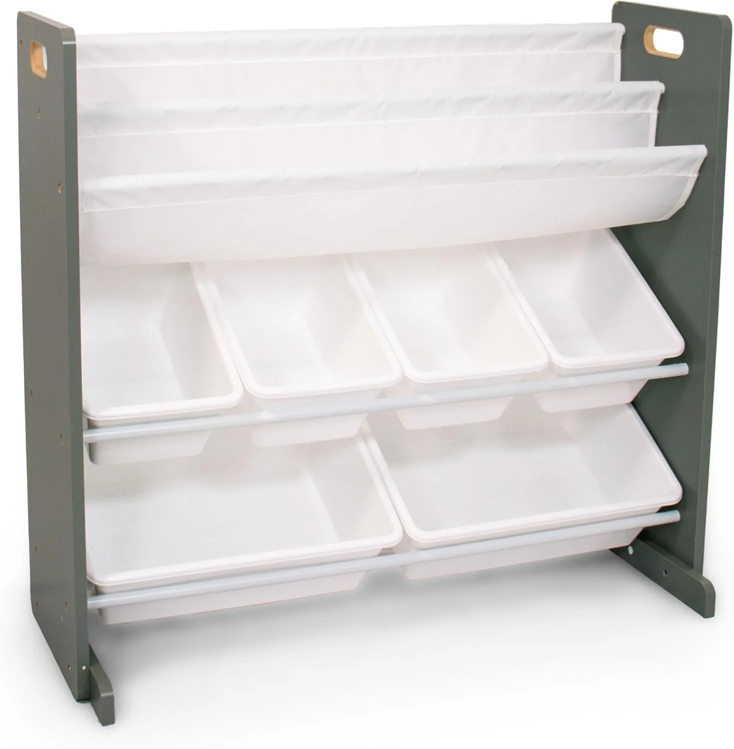 Humble Crew Inspire Kids Read n’ Play 6 Bin Toy Organizer and 2 Tier Bookrack, Grey/White