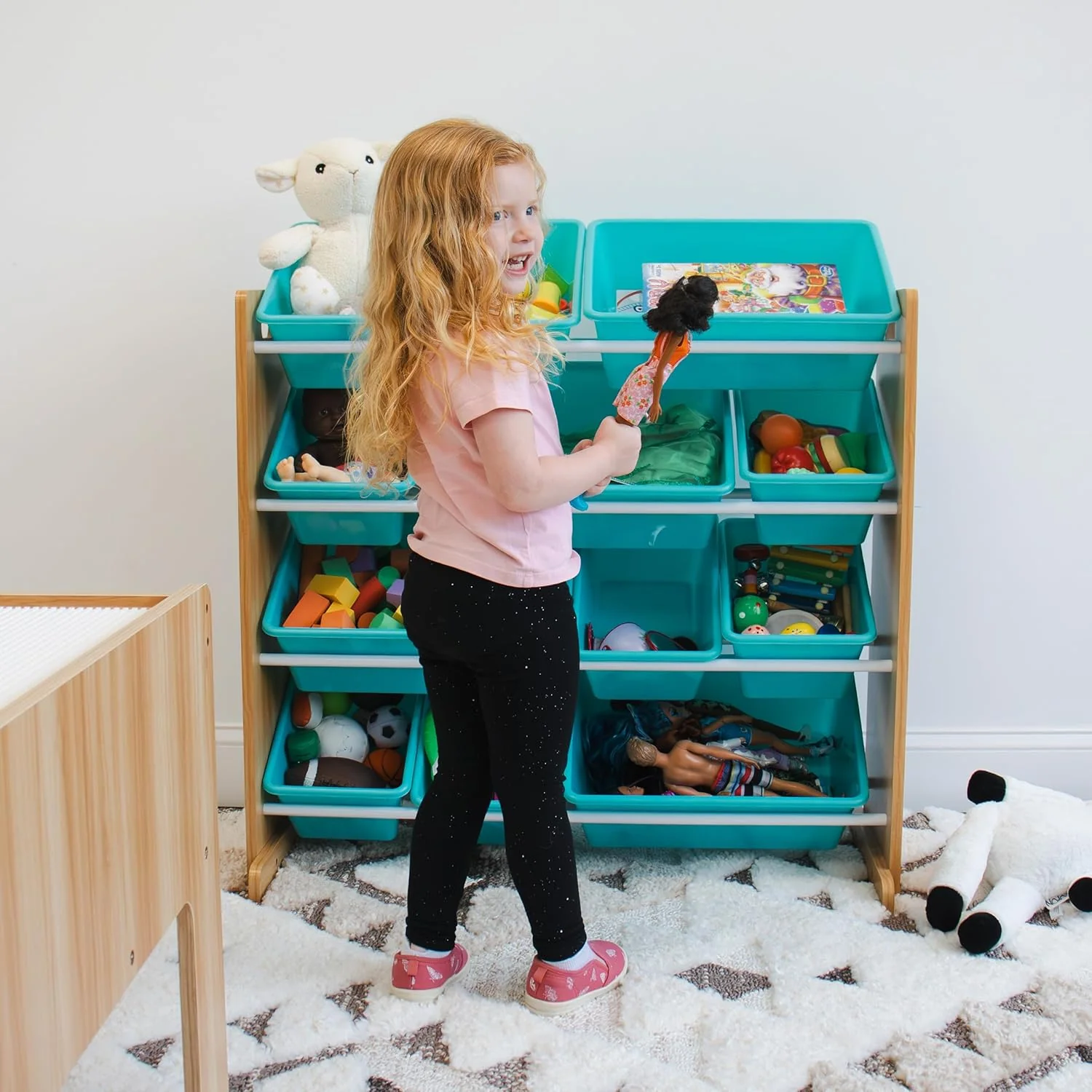 Humble Crew 12 Bin Toy Storage Organizer, Natural Wood/Aqua