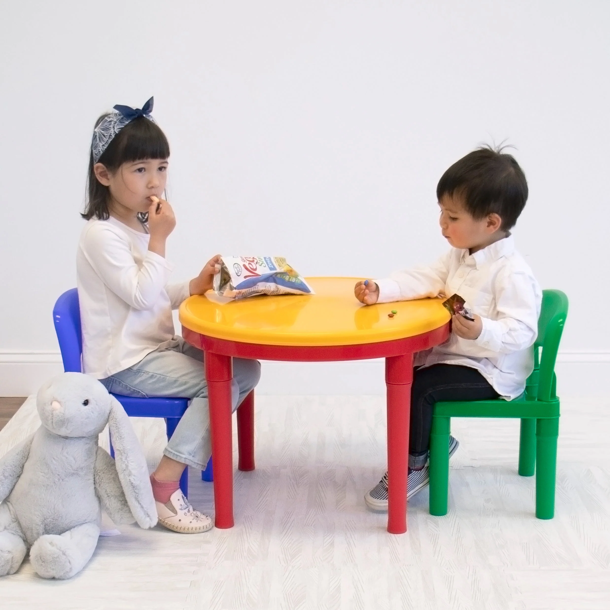 Primary Kids 2-in-1 Plastic Building Blocks-Compatible, Dry Erase Activity Table and 2 Chairs Set, Red/Green/Blue