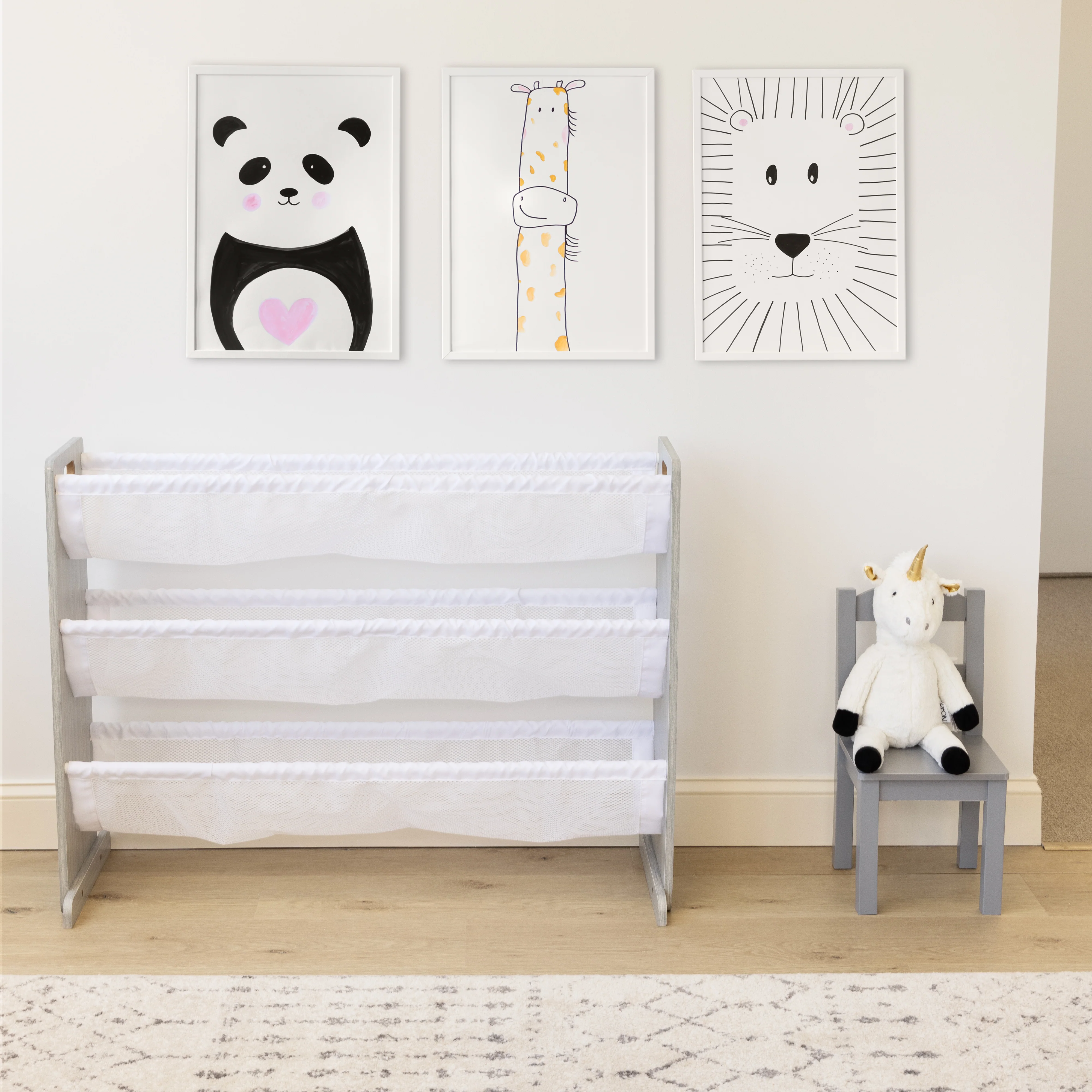 Humble Crew Slate Stuffed Animal Organizer with 3 Tiers, Grey Woodgrain/White