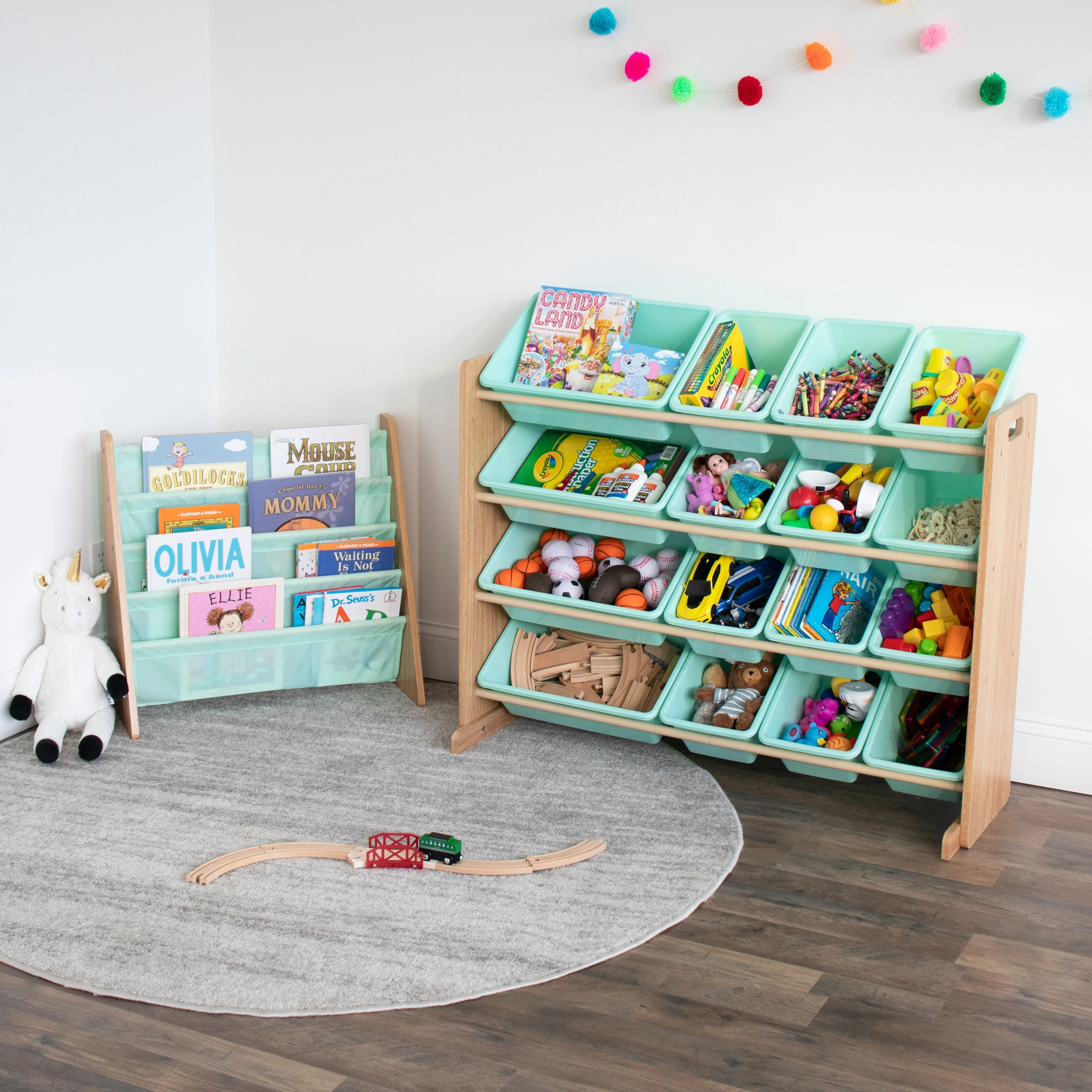 Bailey Supersized Extra Large Natural and Seafoam 16-Bin Toy Organizer