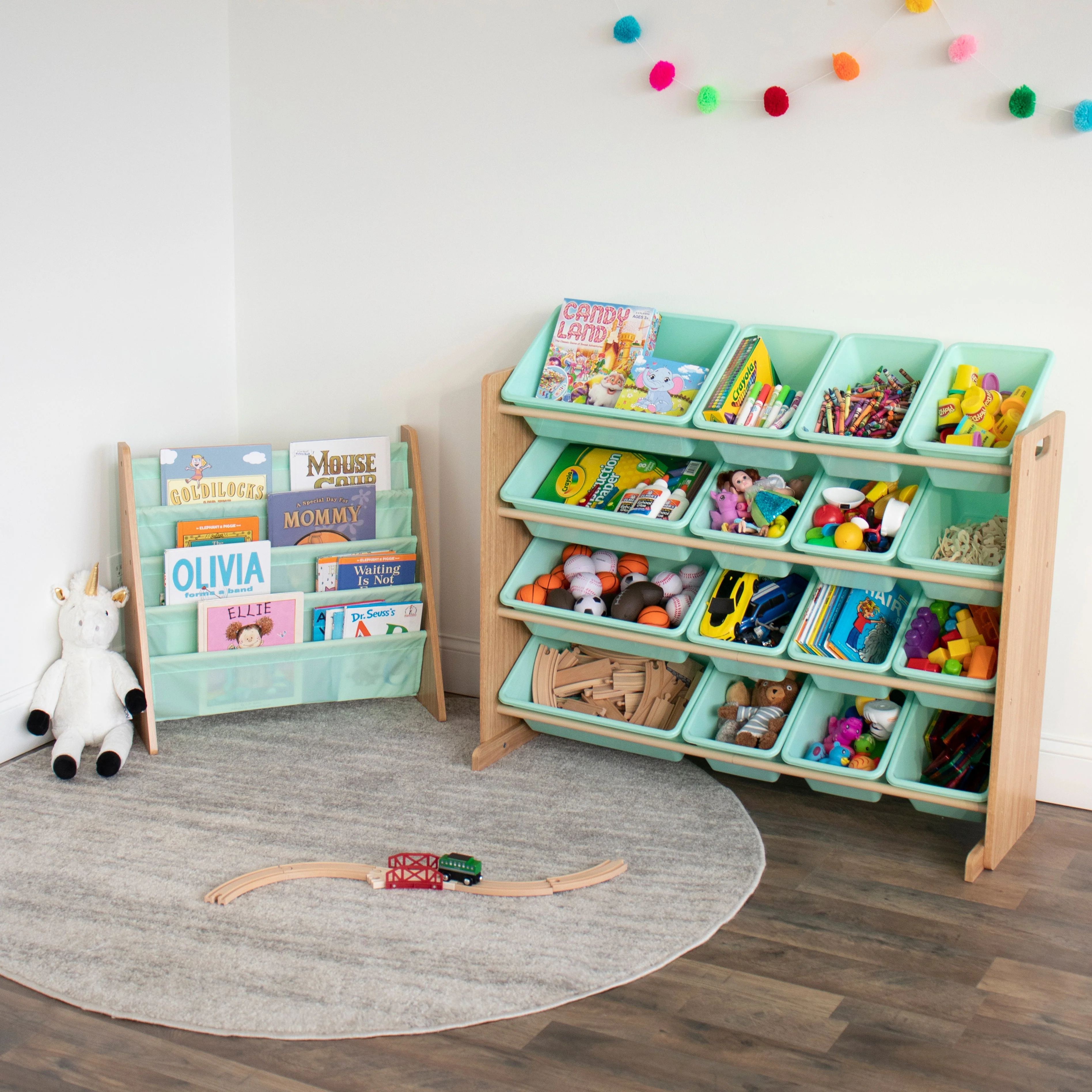 Kids Bookshelf 4 Tier Book Organizer, Seafoam Green/Neutral