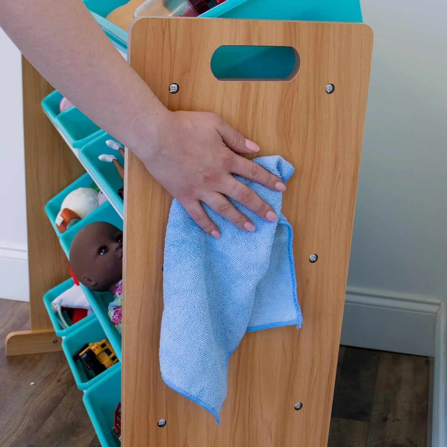 Humble Crew 12 Bin Toy Storage Organizer, Natural Wood/Aqua