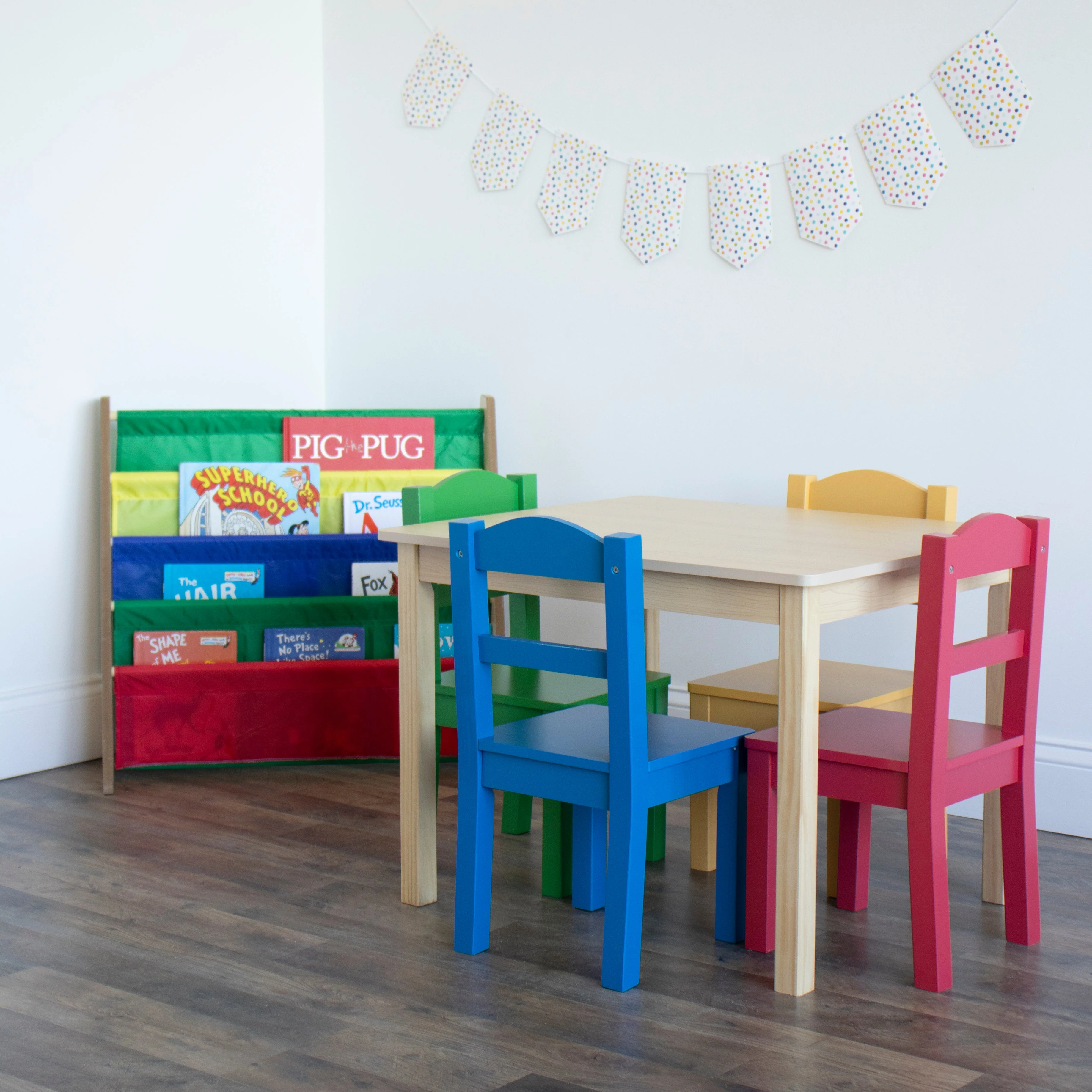 Primary Natural Wood Table & 4 Primary Chairs