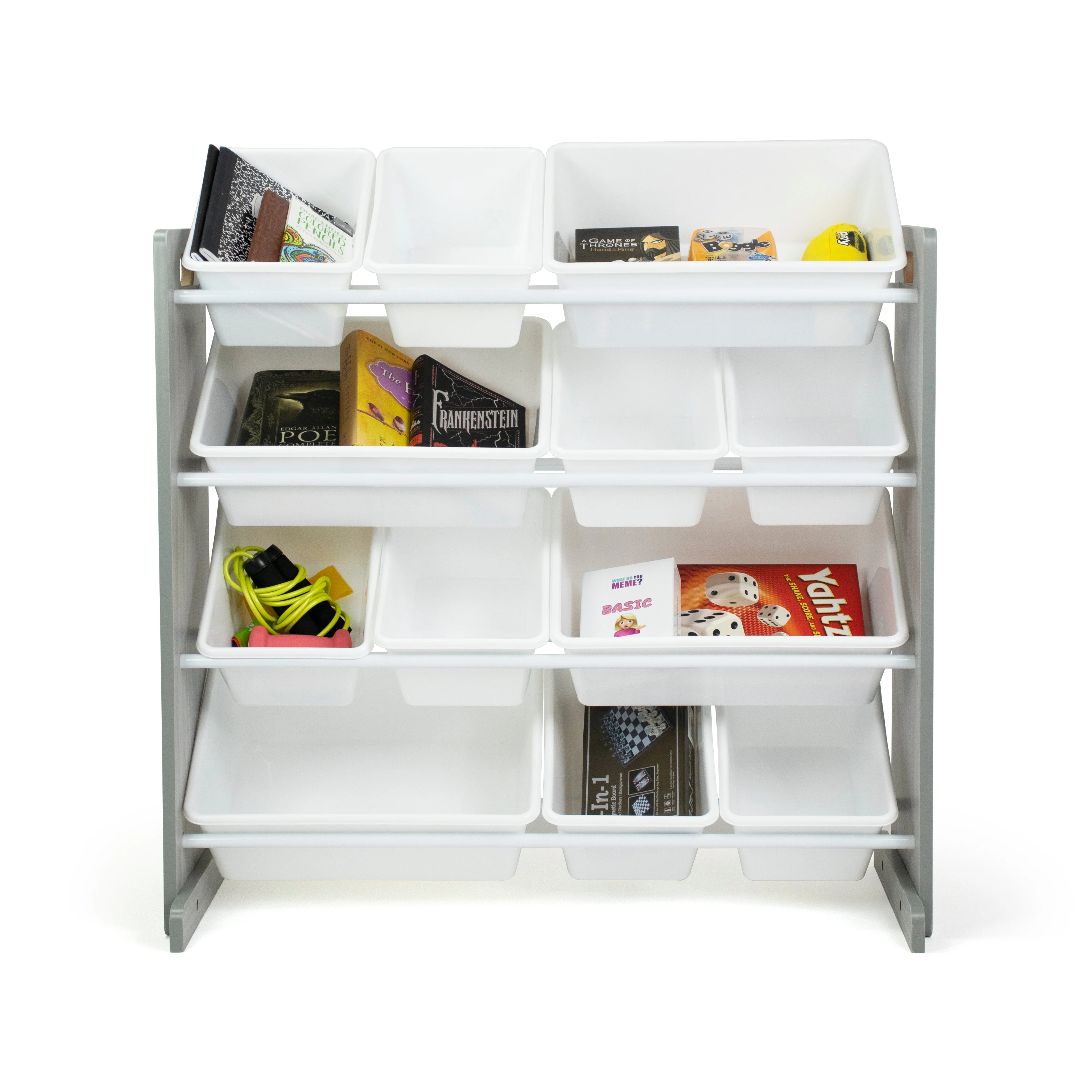 Slate Toy Storage Organizer with 12 Storage Bins, Grey Wood Grain/White