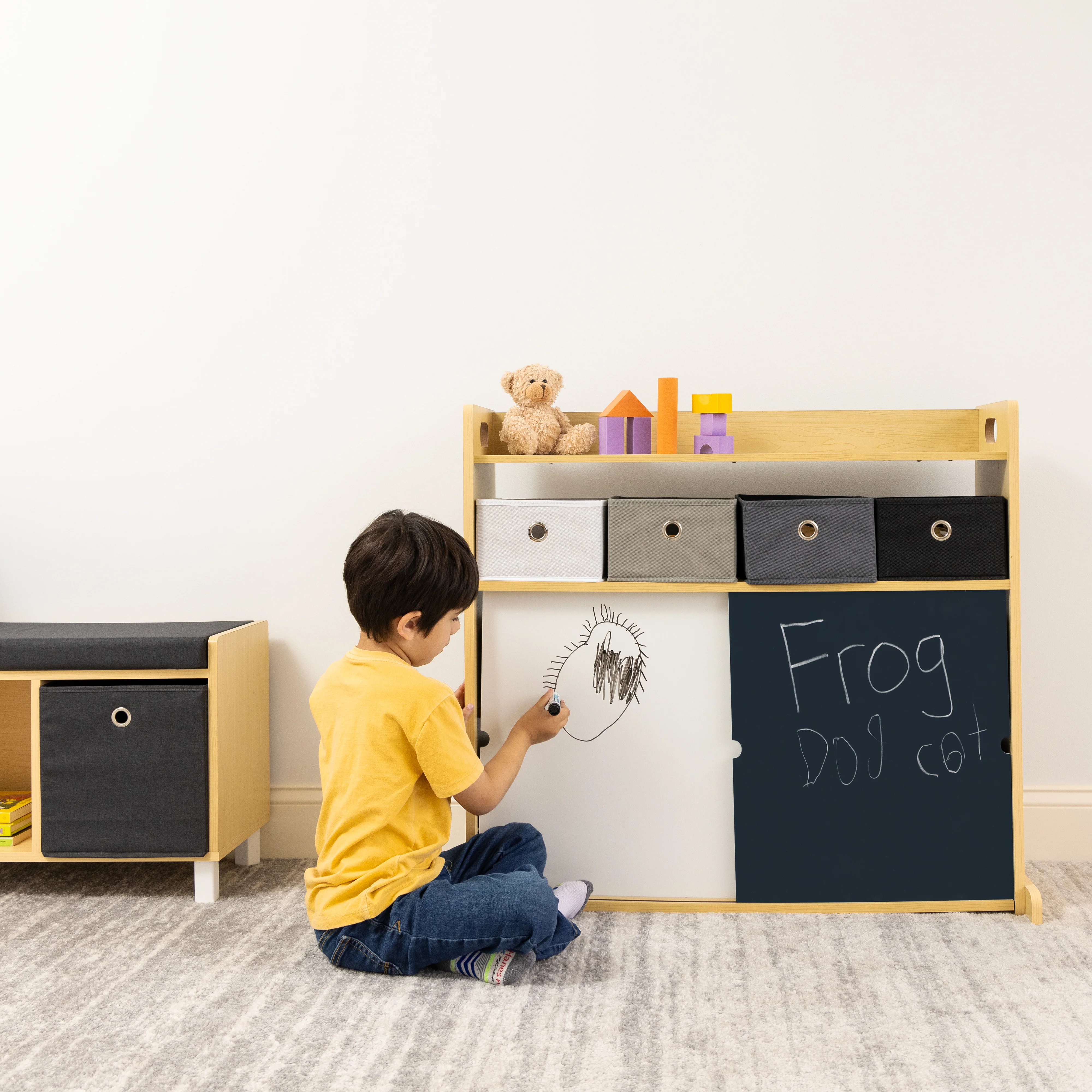 Humble Crew Dalton Toddler Organizer with 12 Fabric Bins & Doodle Doors, Natural/Black/White/Grey