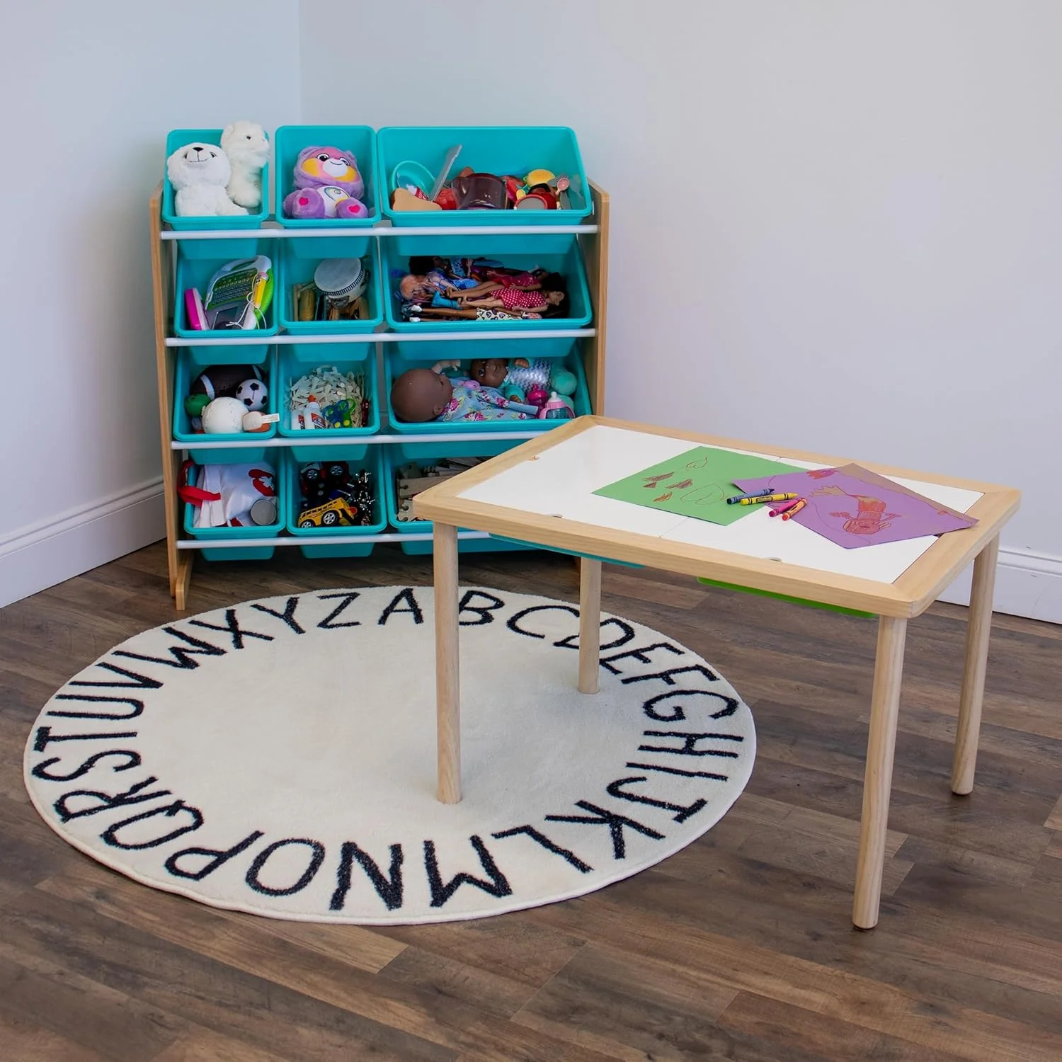 Humble Crew 12 Bin Toy Storage Organizer, Natural Wood/Aqua