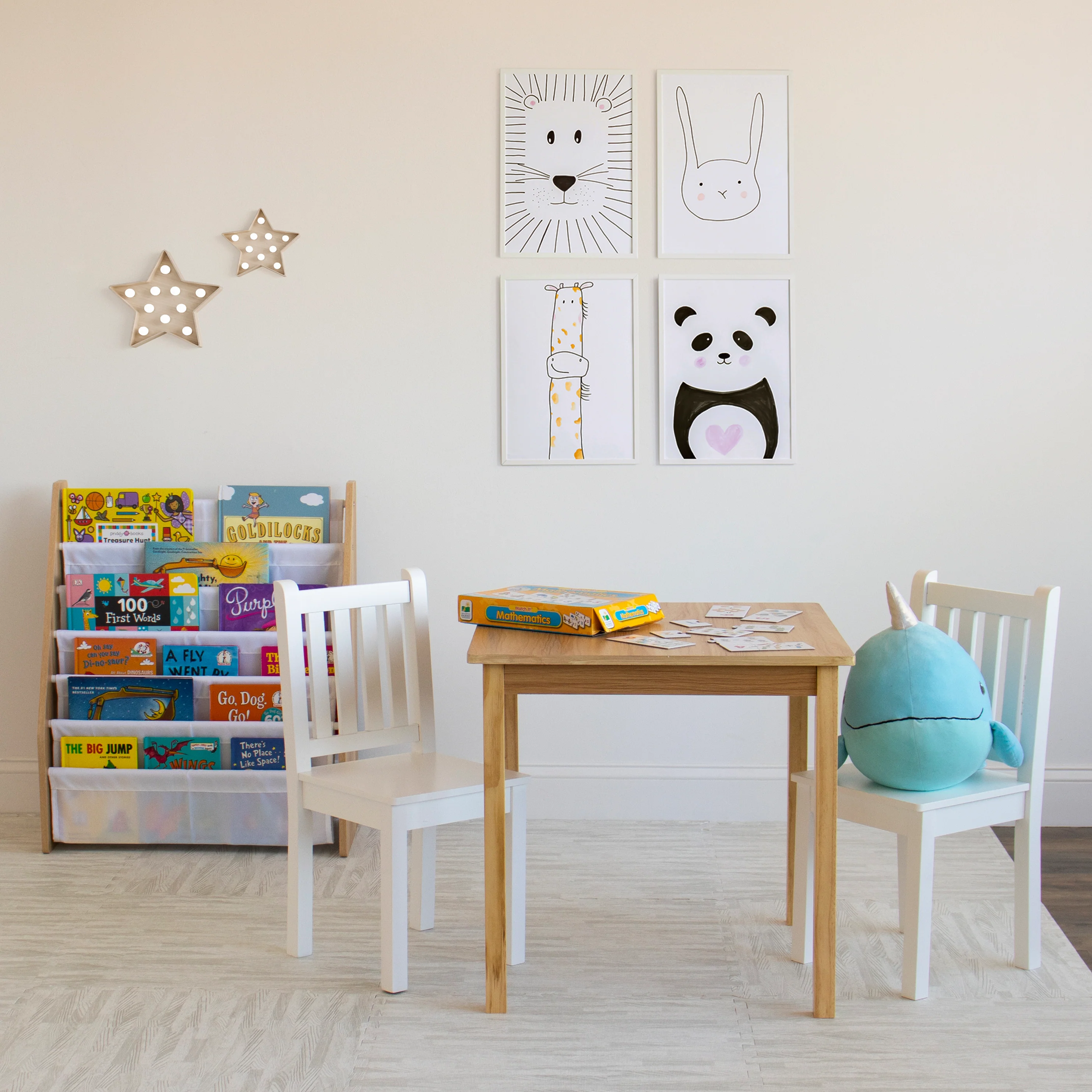 Humble Crew Journey Kids Wood Table and 2 Chairs Set, Square, Natural/White