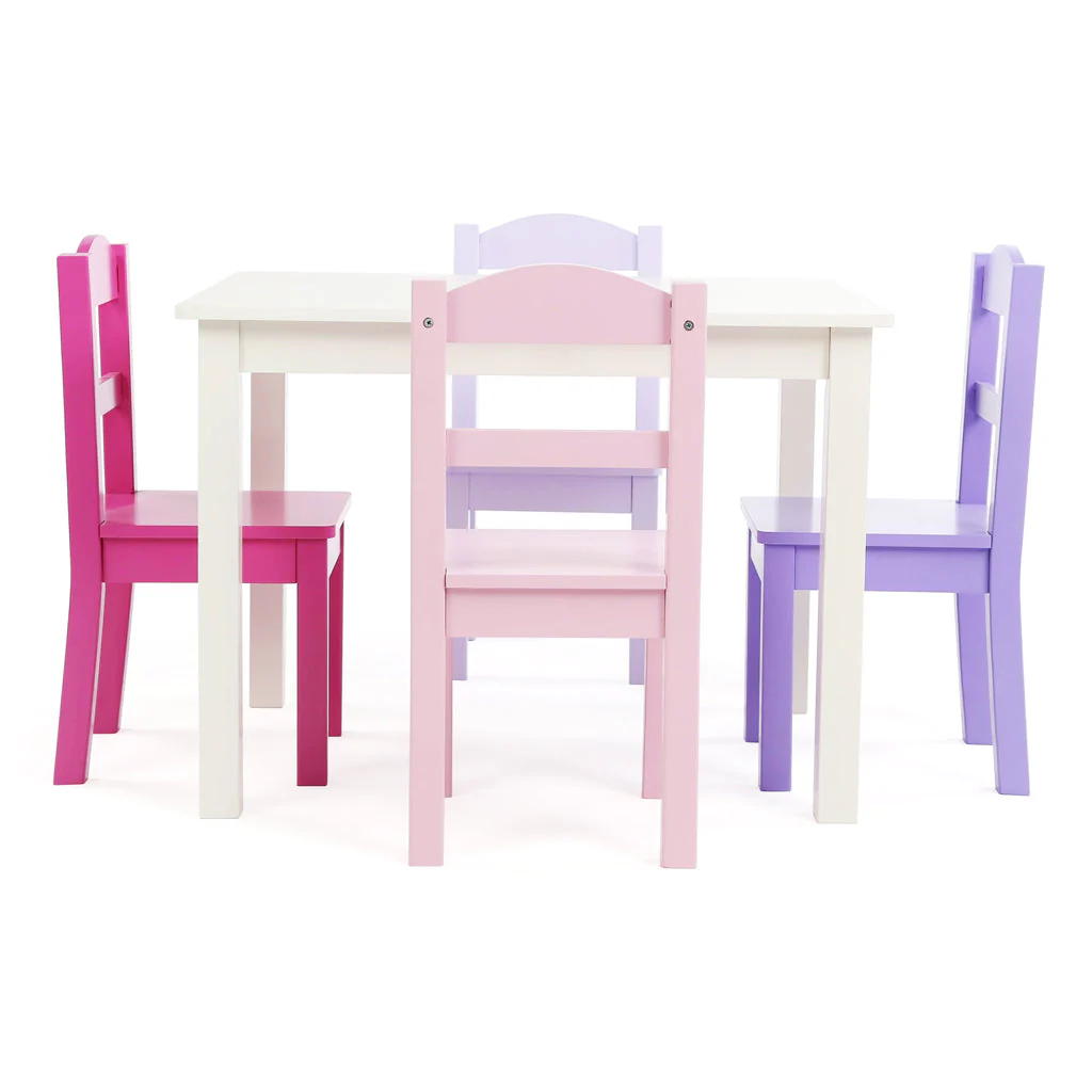 Forever White Wood Kids Table & 4 Pink and Purple Chairs