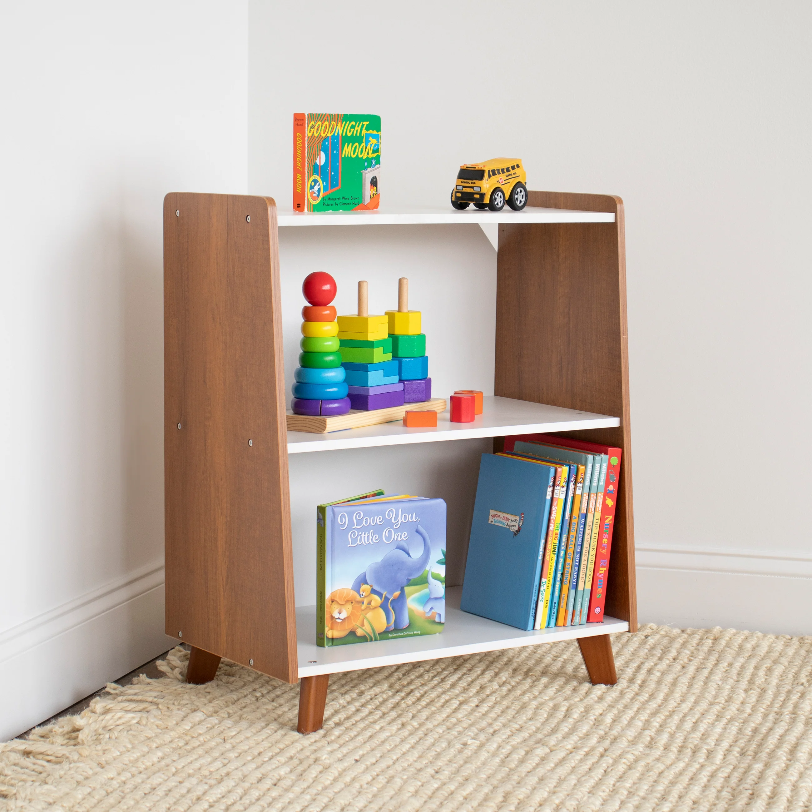 Humble Crew Morgan 2 Shelf Mid-Century Bookcase, Warm Wood/White
