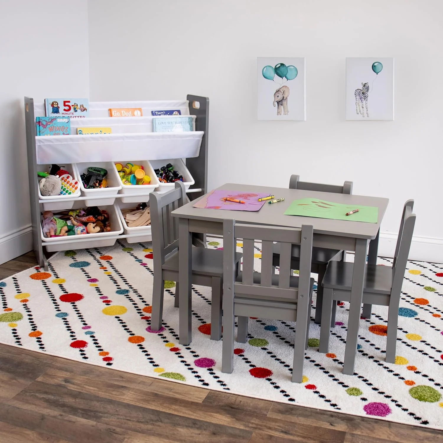 Humble Crew Inspire Kids Read n’ Play 6 Bin Toy Organizer and 2 Tier Bookrack, Grey/White