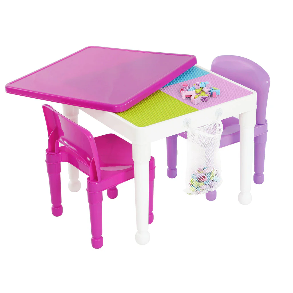 Kids 2-in-1 Plastic Building Blocks-Compatible Activity Table and 2 Chairs Set, Square, Pink/Purple/White