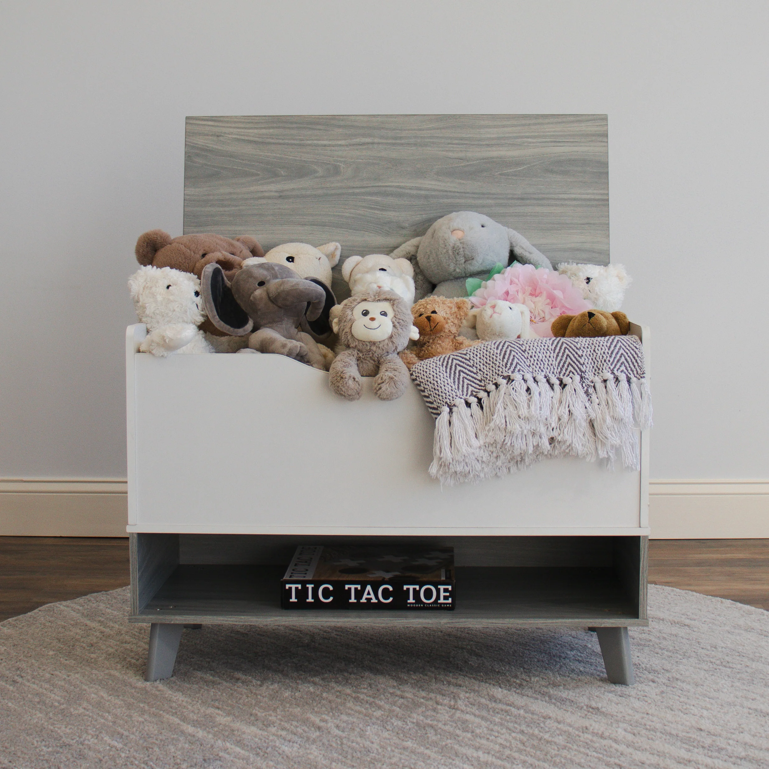 Humble Crew Slate Mid-Century Modern Toy Box with Soft Close Lid and Storage Shelf Toy Chest, Grey Wood Grain/White
