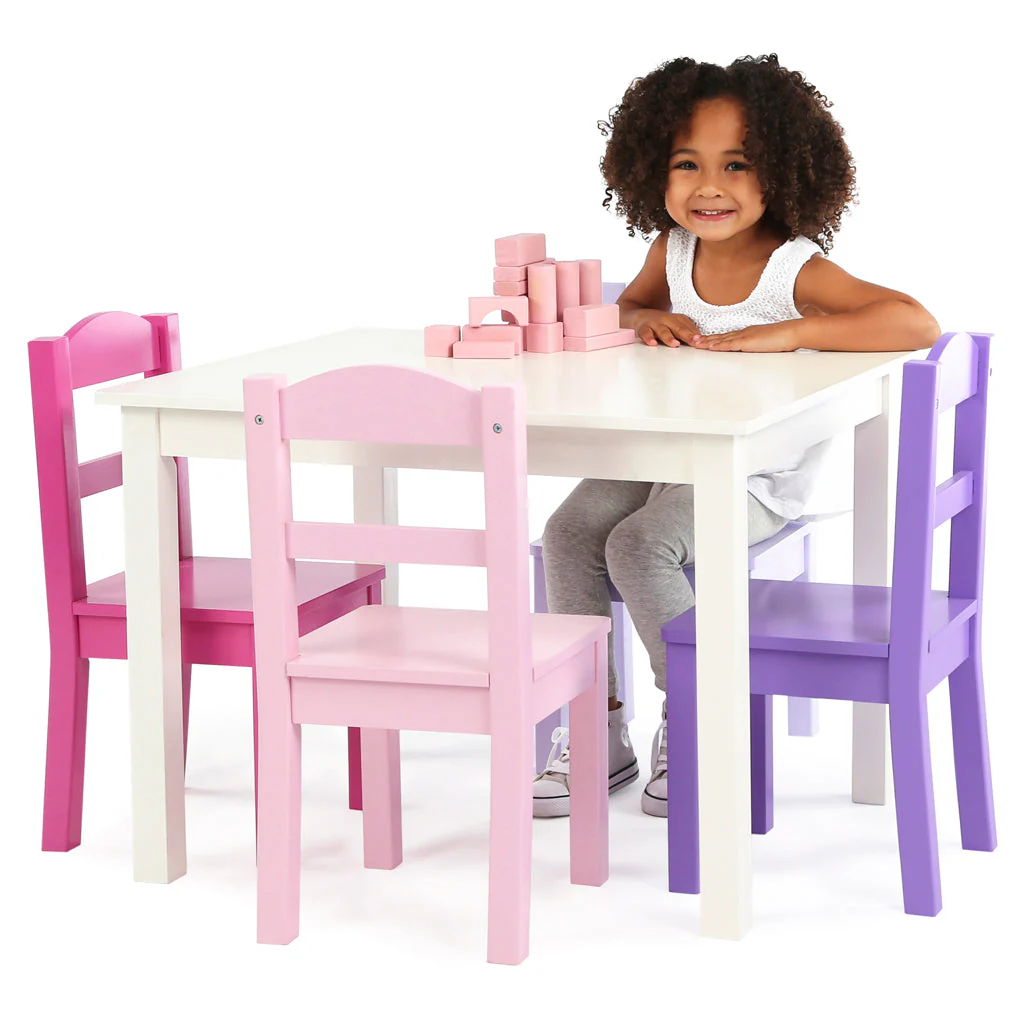 Forever White Wood Kids Table & 4 Pink and Purple Chairs