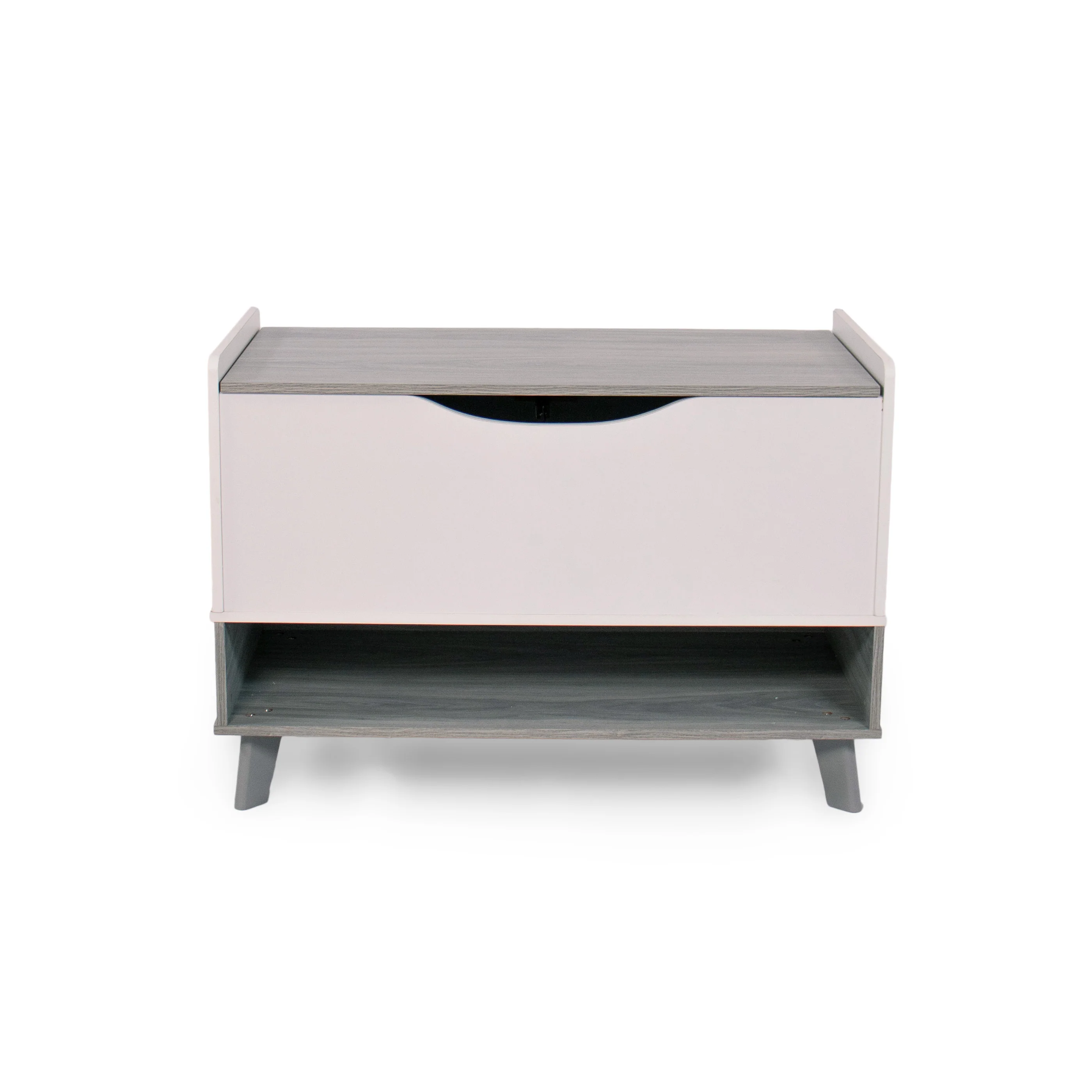 Humble Crew Slate Mid-Century Modern Toy Box with Soft Close Lid and Storage Shelf Toy Chest, Grey Wood Grain/White