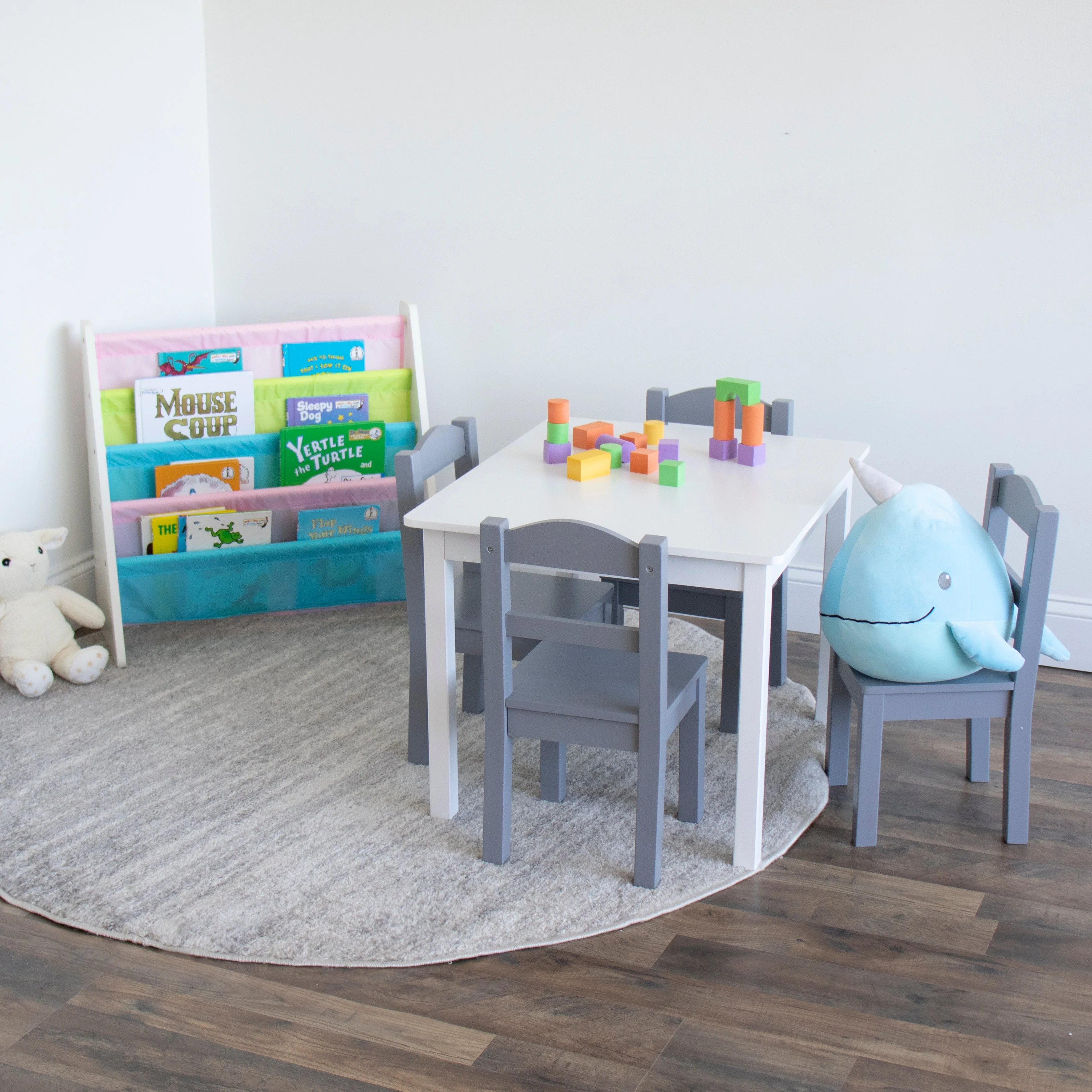 Springfield White Wood Kids Table & 4 Grey Chairs
