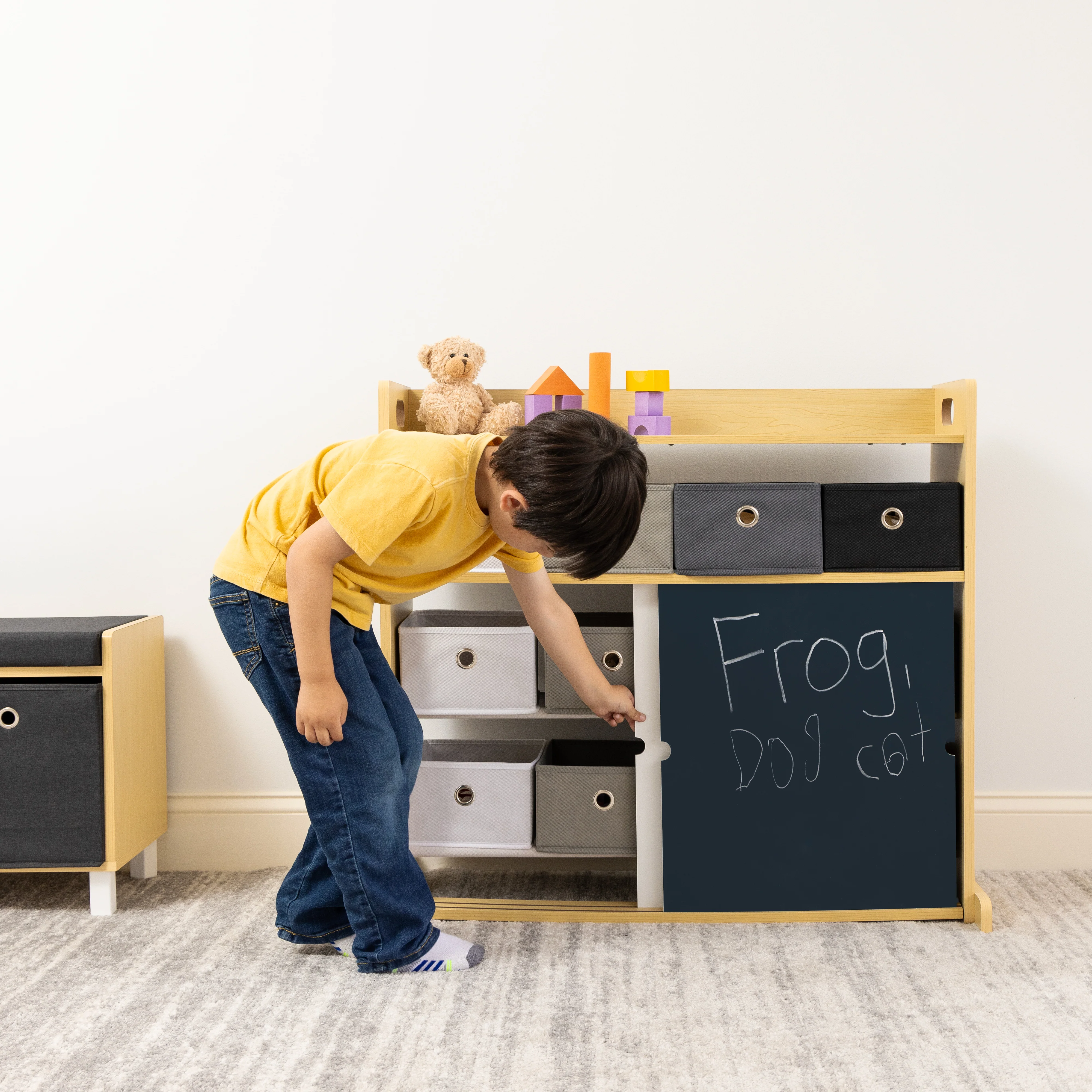 Humble Crew Dalton Toddler Organizer with 12 Fabric Bins & Doodle Doors, Natural/Black/White/Grey