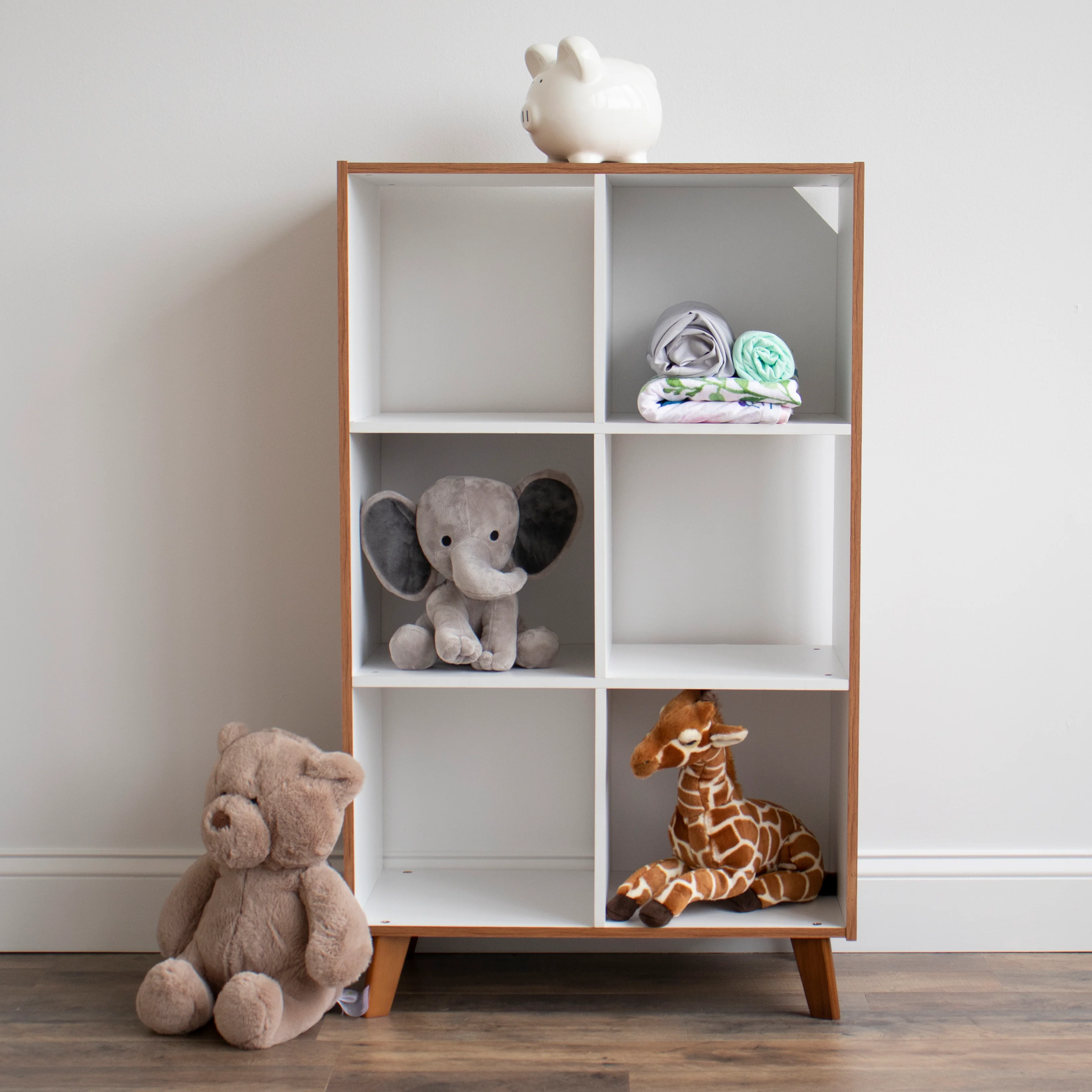 Humble Crew Morgan 6 Cube Toy Storage Mid-Century Organizer, Warm Wood/White