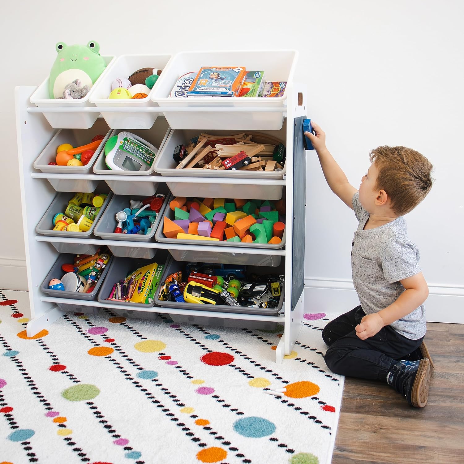 Humble Crew 12 Bin Toy Storage Organizer with Chalkboard, Eraser, and 2pc Chalk, White/Grey Gradient Ombre