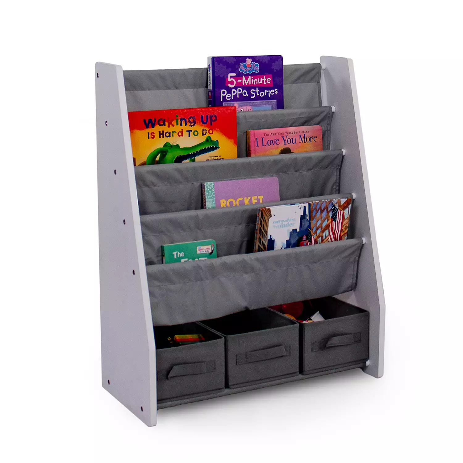 Humble Crew Springfield Kids Bookshelf 4 Tier Book Storage and Fabric Bin Organizer, Grey/White